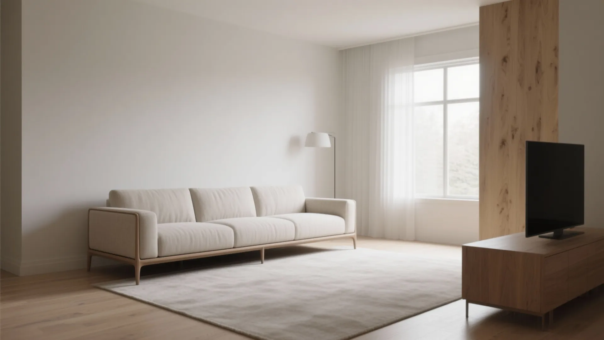 Minimalist living room with beige sofa white walls wood flooring large window and wooden television cabinet