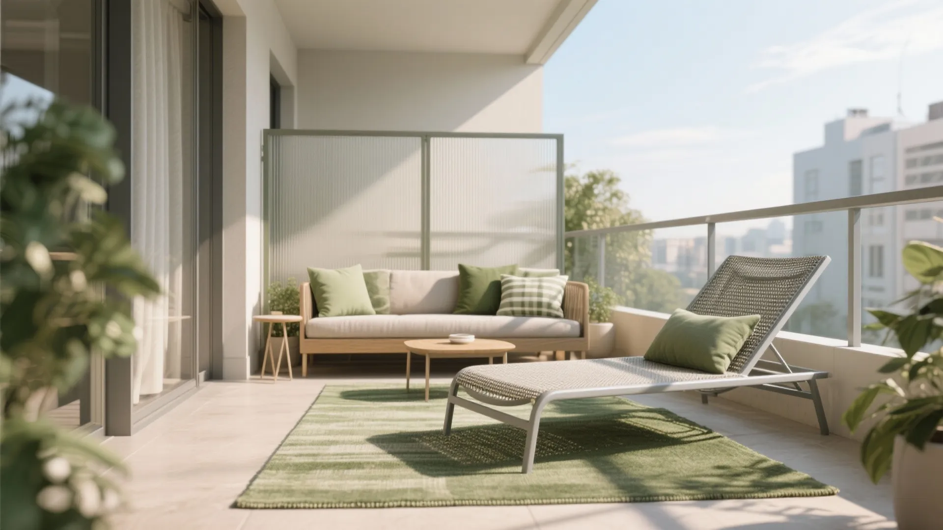 Sunlit balcony with slim mesh loungers, weatherproof rug, and layered cushions for compact comfort.