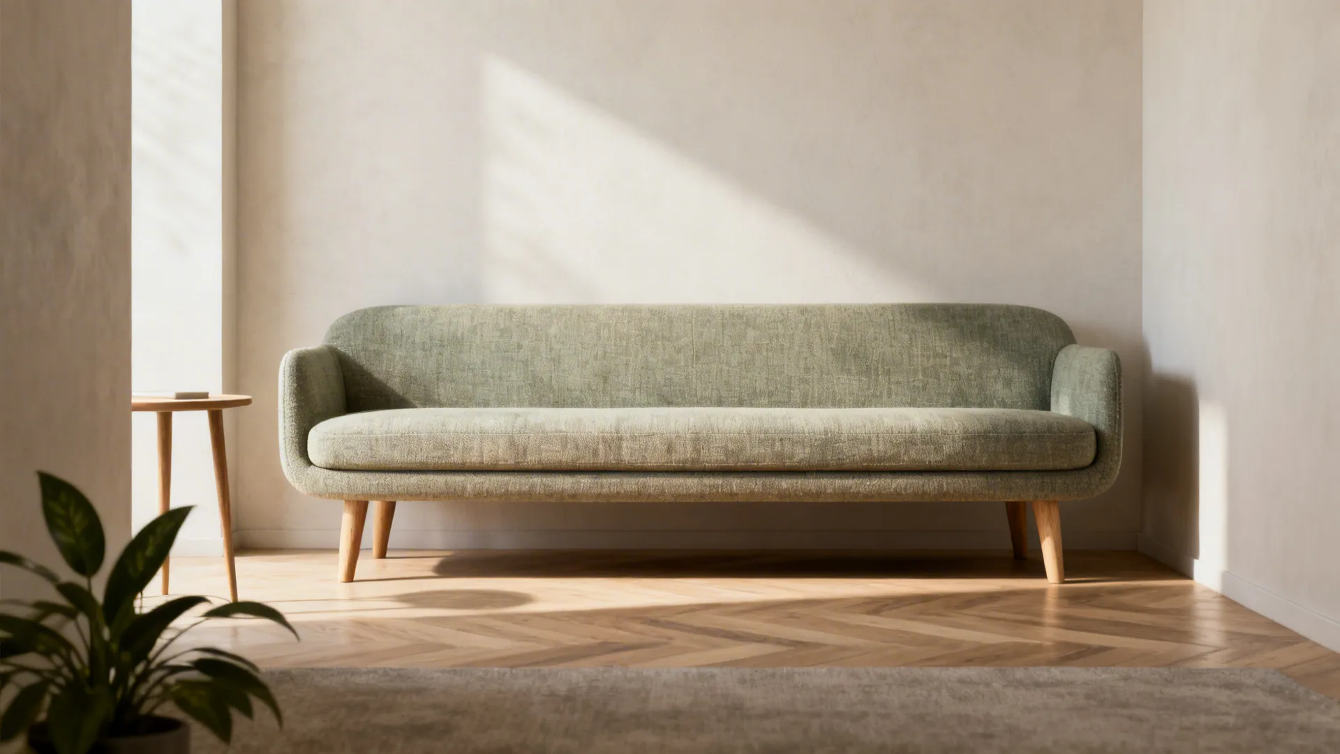 Narrow slimline loveseat with tapered legs in a small living room with plant and side table