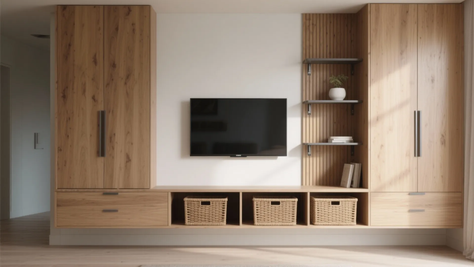 Large wooden cabinet unit with television and storage baskets in a bright and airy room