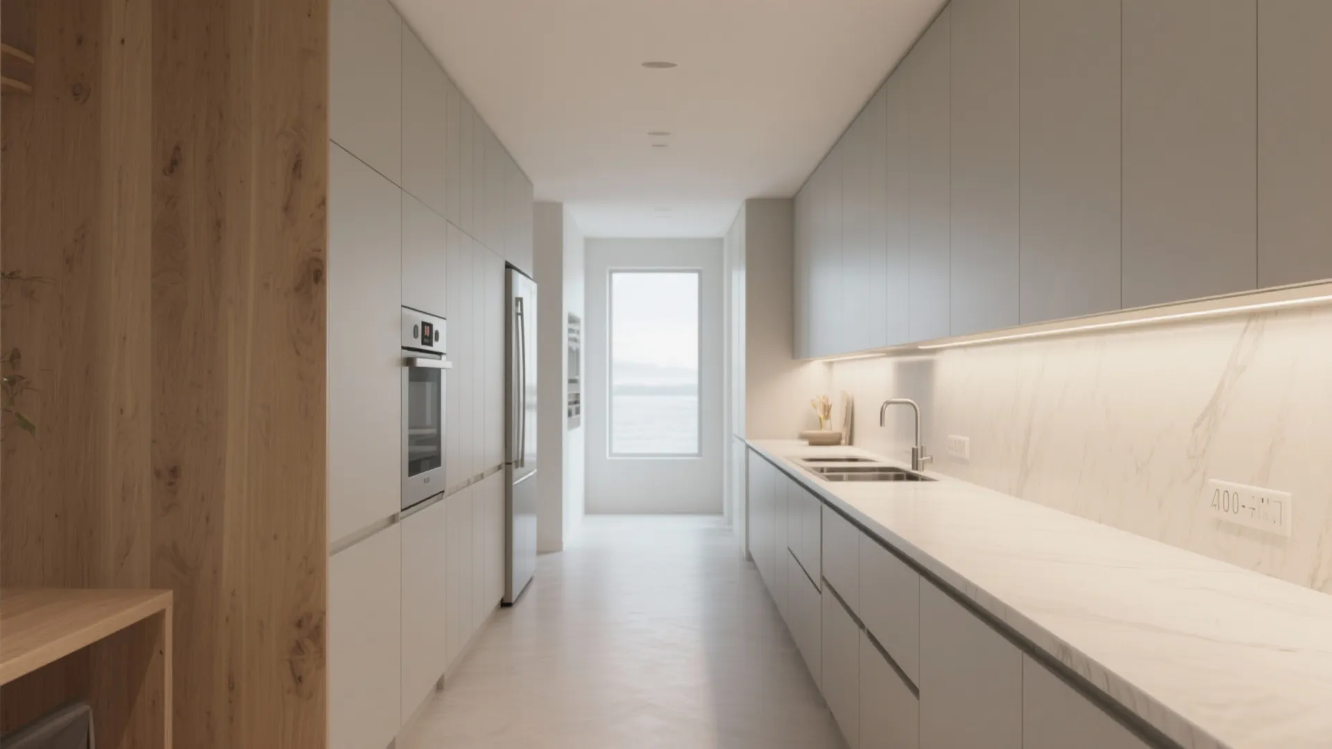Minimalist galley kitchen design with light grey cabinets white marble countertop and a large window