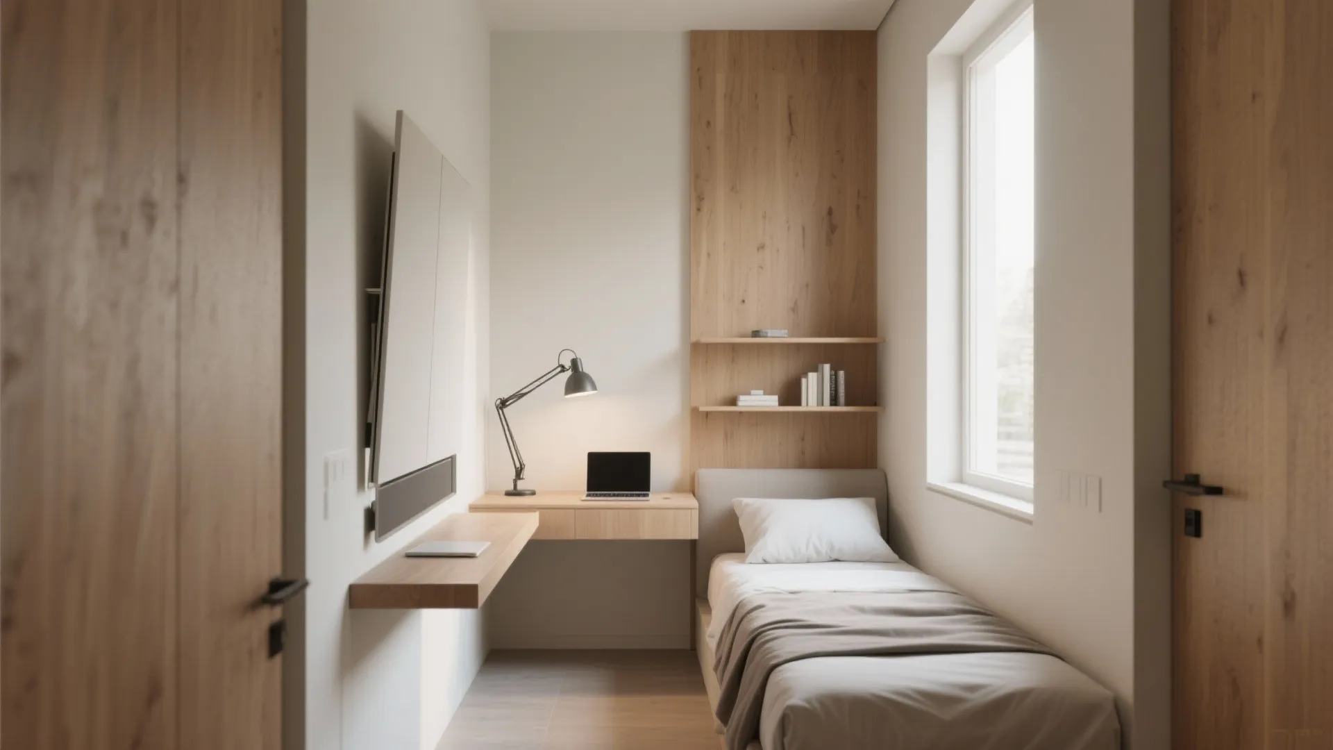 Narrow small bedroom with single bed wooden desk laptop desk lamp and wall mounted wood shelves
