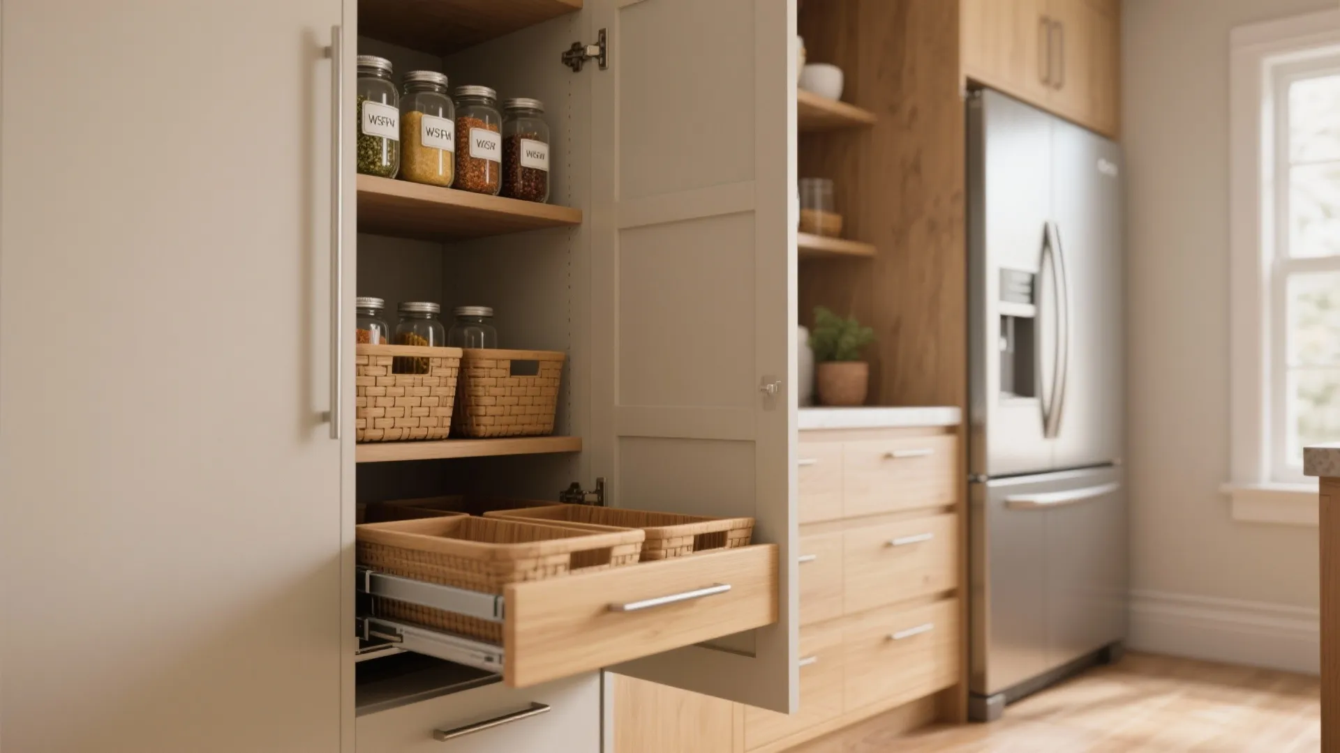 Slimline pantry with pull-out baskets and labeled spice jars next to a small fridge