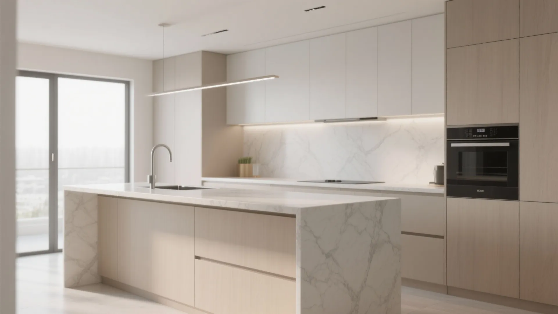 Modern kitchen featuring marble island, light wood cabinets, white upper storage, and integrated black oven