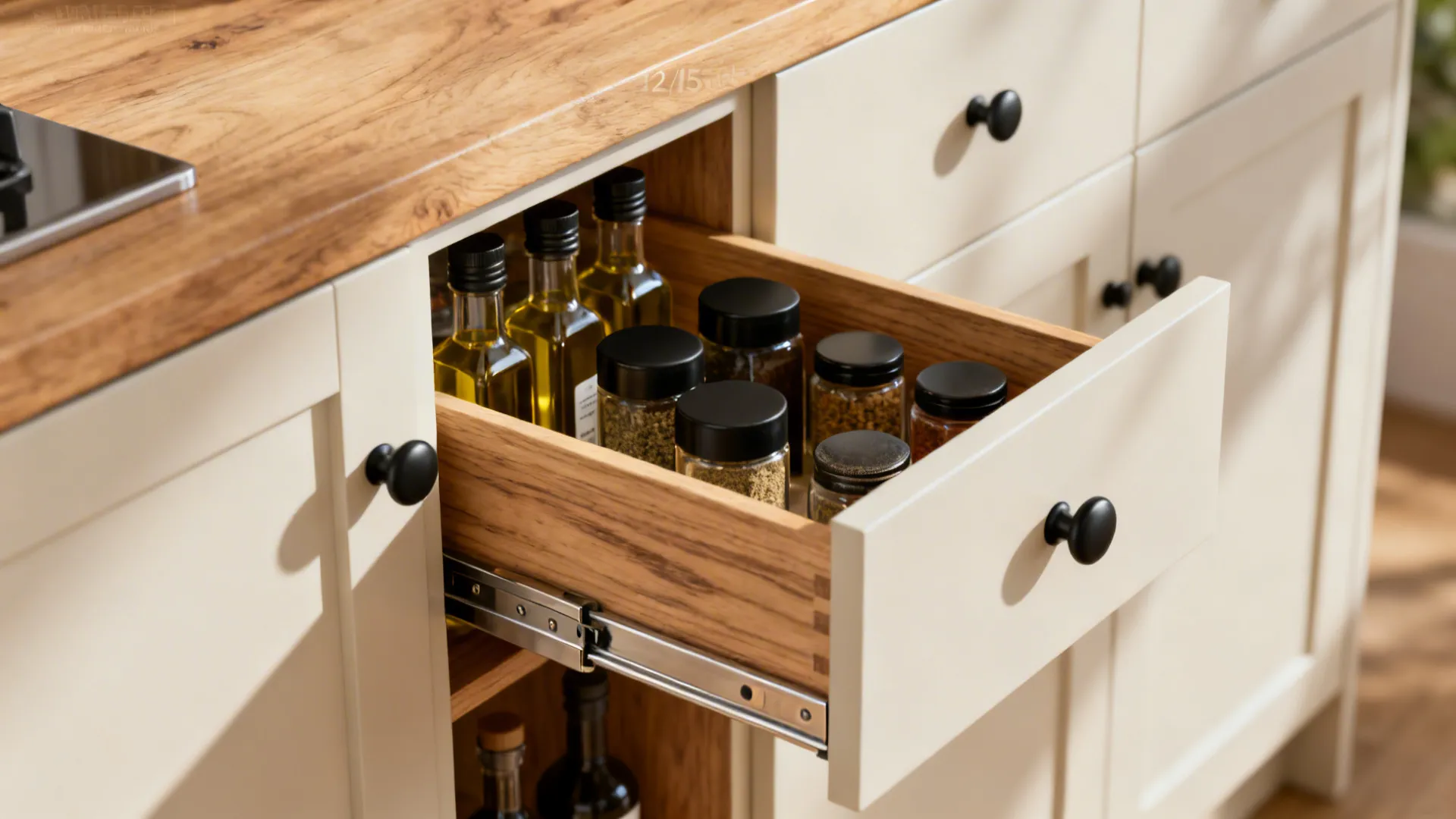 Close-up of a narrow pull-out spice cabinet with organized bottles and jars