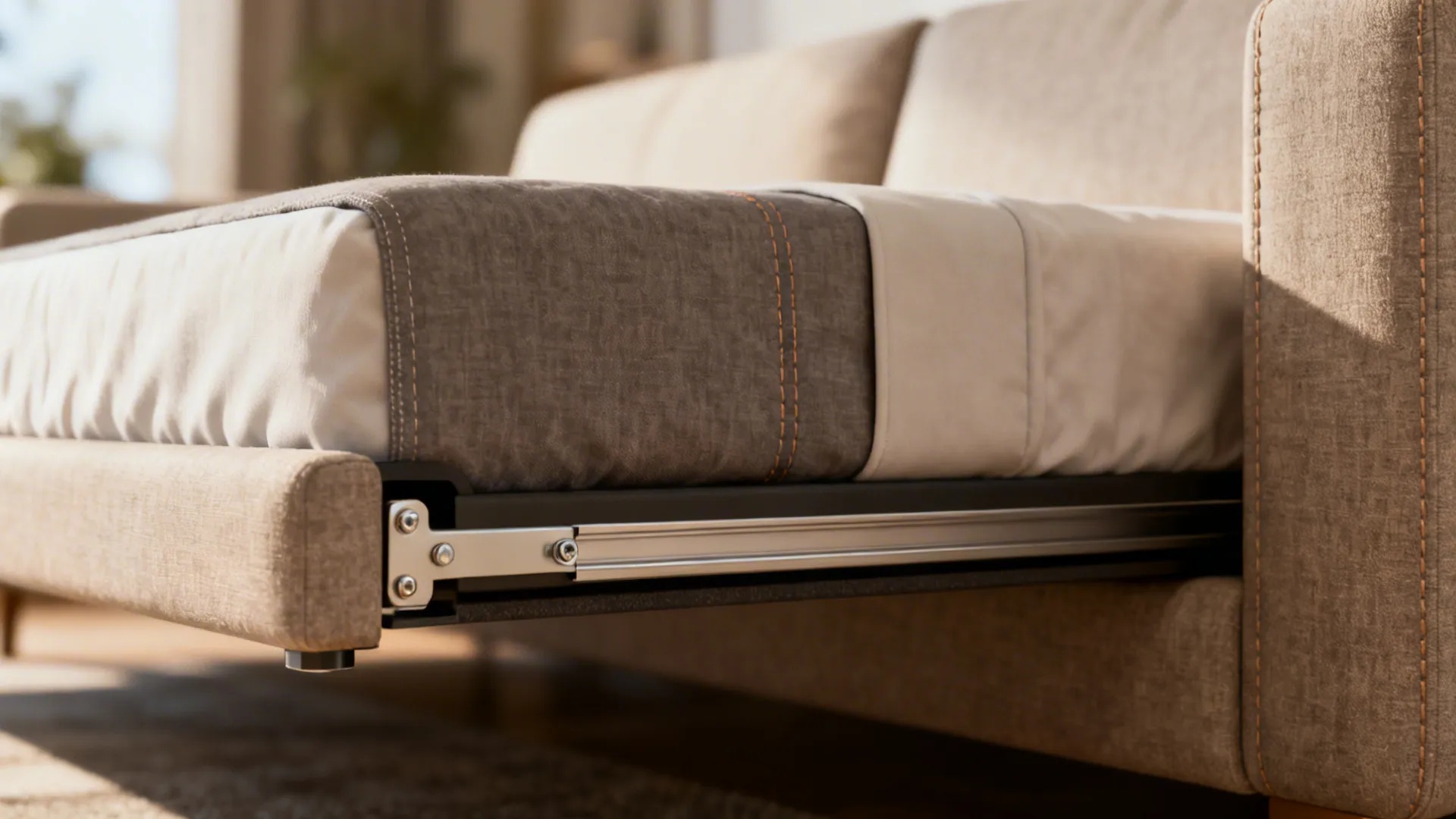 Close-up of slimline pull-out sofa bed mechanism and thin mattress with topper