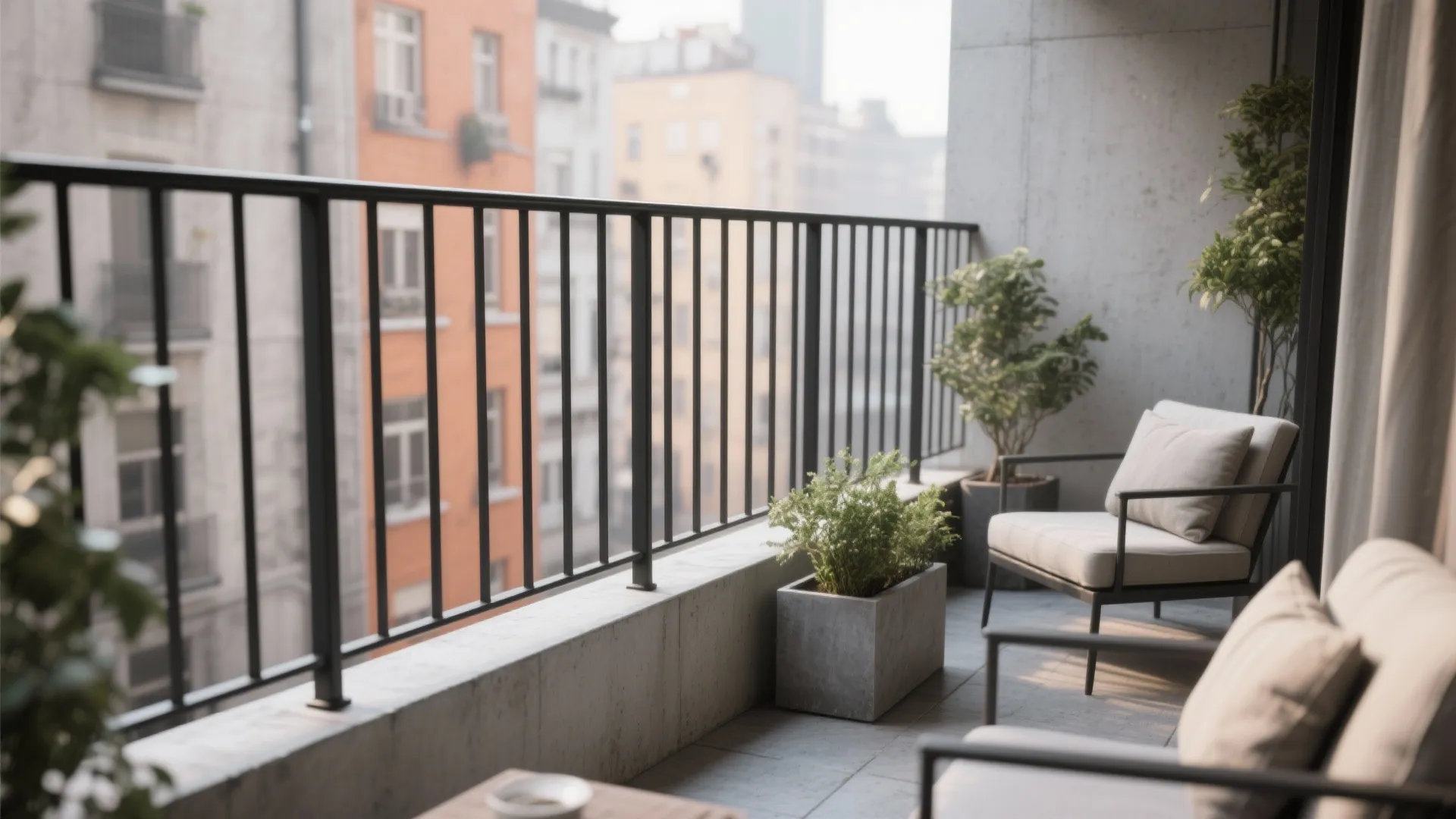Slimline matte black wrought iron balcony railing with slender bars and minimal furniture in a compact city space.