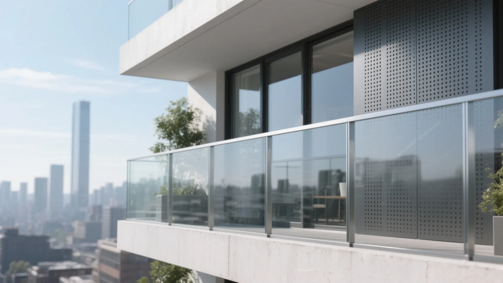 High-rise apartment balcony with glass railing, metal wall panel, and a blurry city skyline view