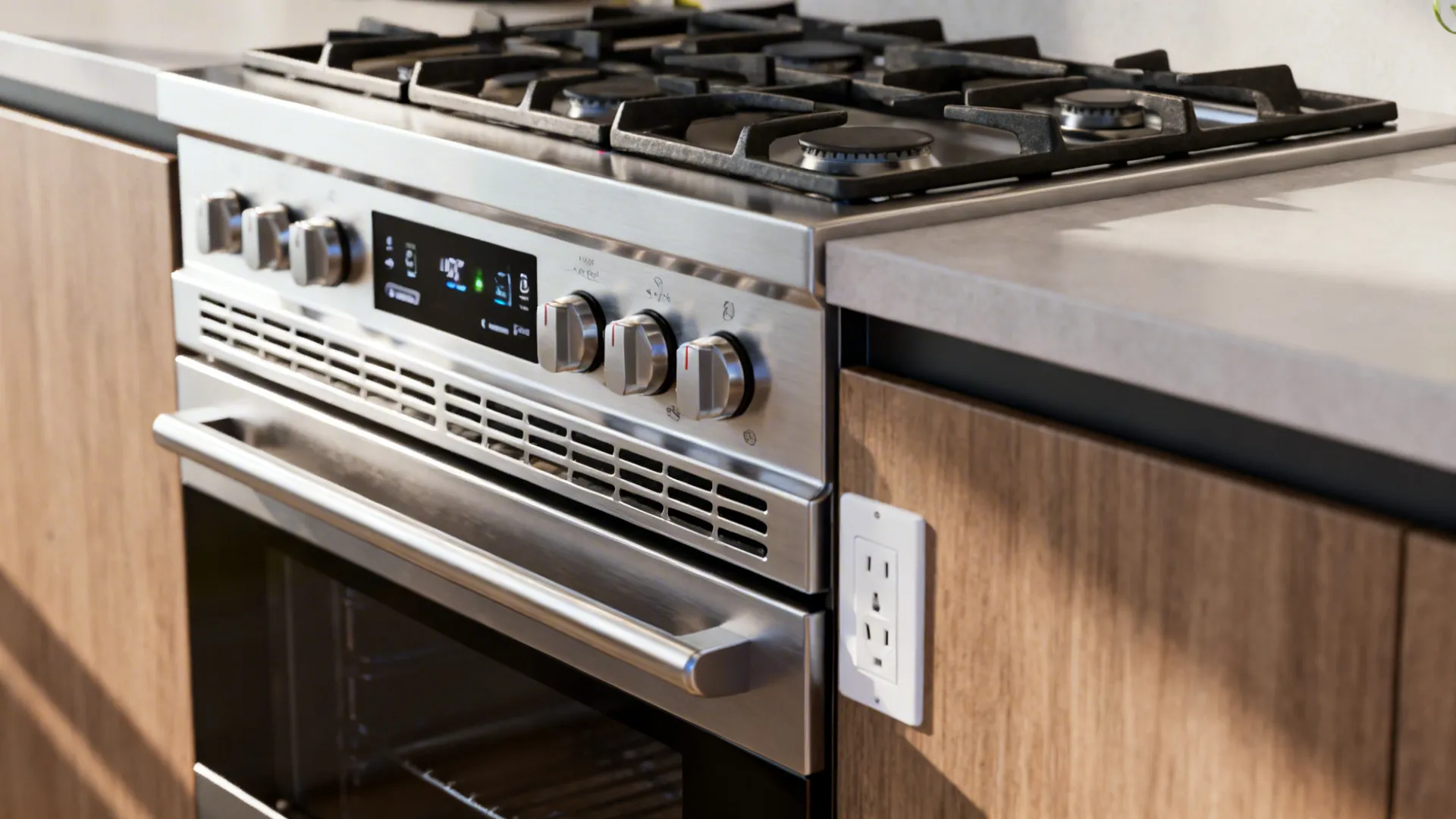 Slimline professional range with integrated smart control and compact cooktop in a small kitchen.