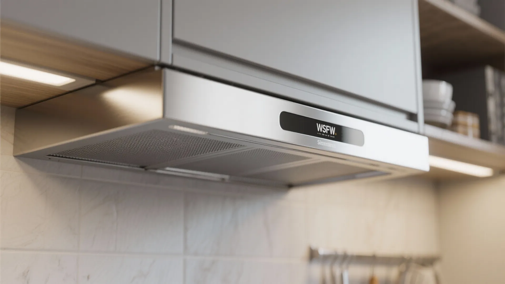 Close up view of silver range hood installed under white kitchen cabinets with warm light