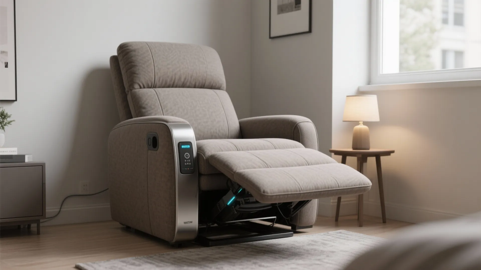 Grey electric recliner chair with side control panel and extended footrest next to a window
