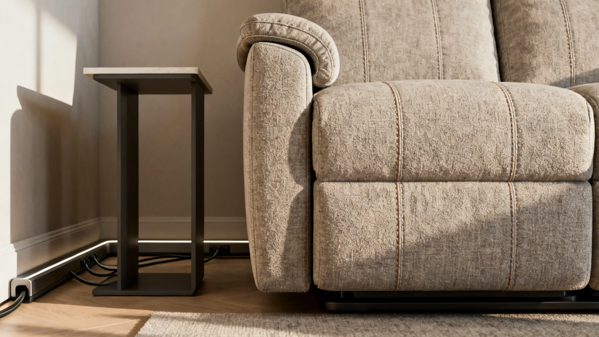 Close-up of a slim two-seat power recliner with removable arm and tidy cable routing behind a modular side table.