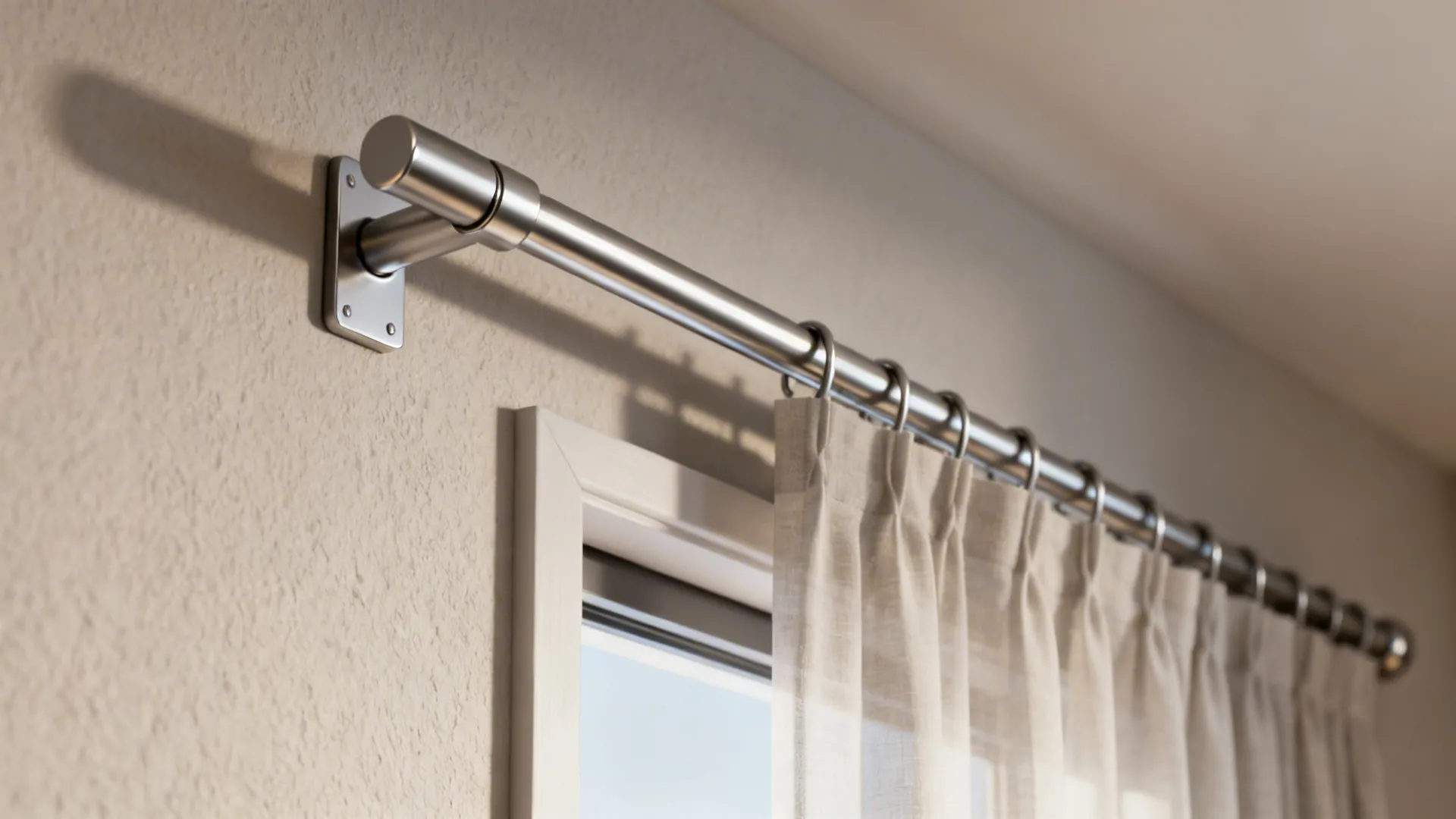 Slimline telescopic curtain rod installed on a small window with lightweight curtains