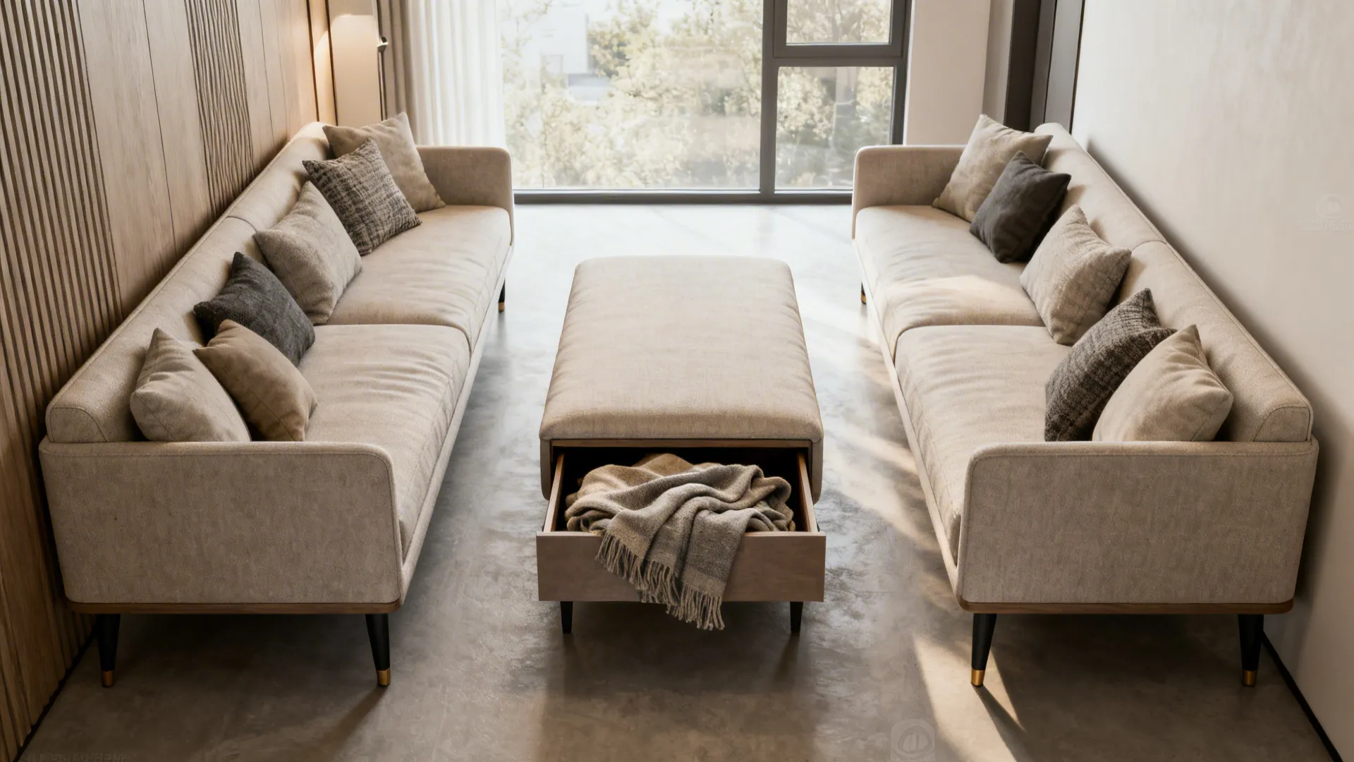 Narrow sofa and multifunctional ottoman used as storage and coffee table