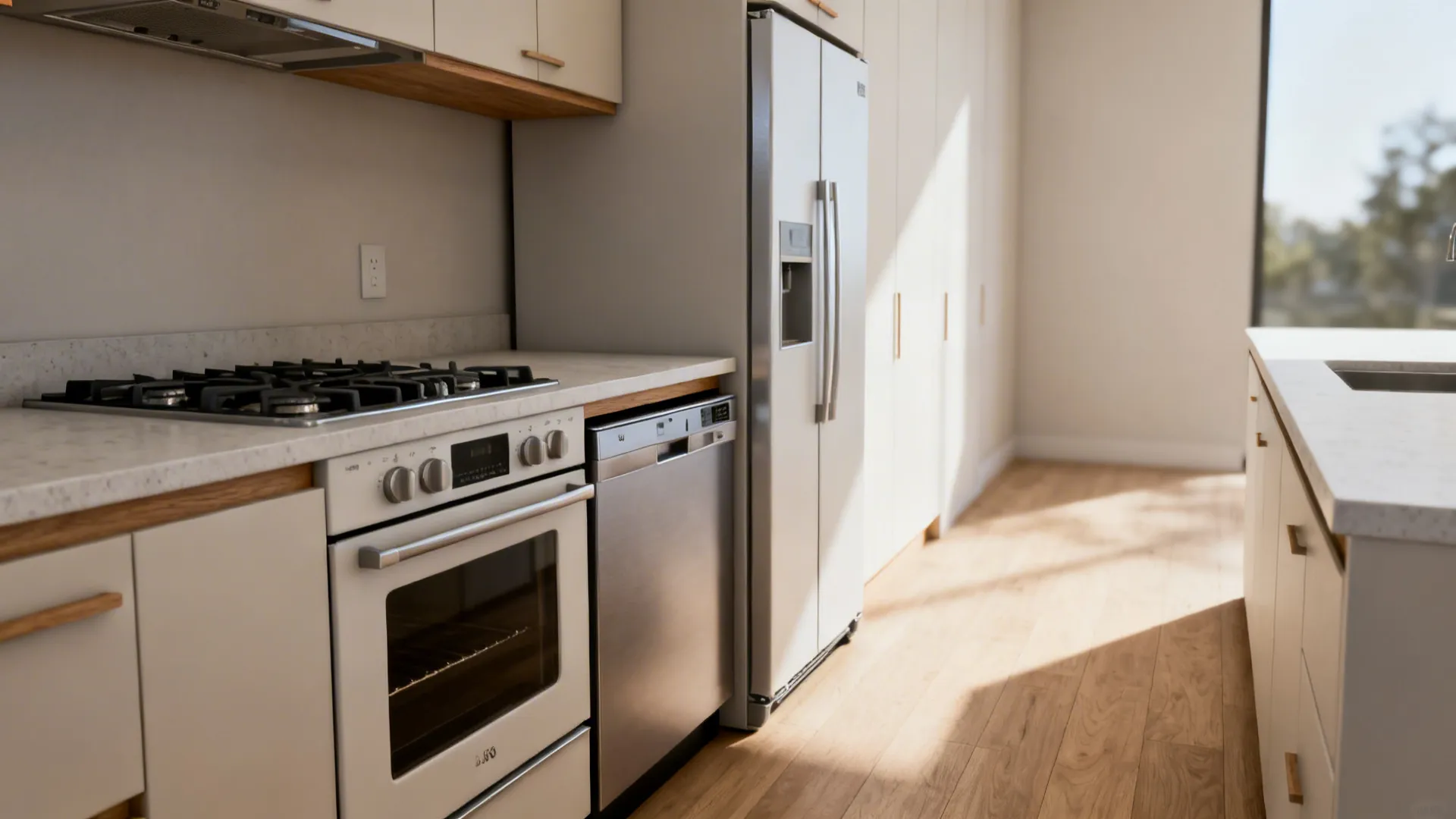 Single-wall kitchen featuring slimline range and counter-depth fridge with clear circulation space.