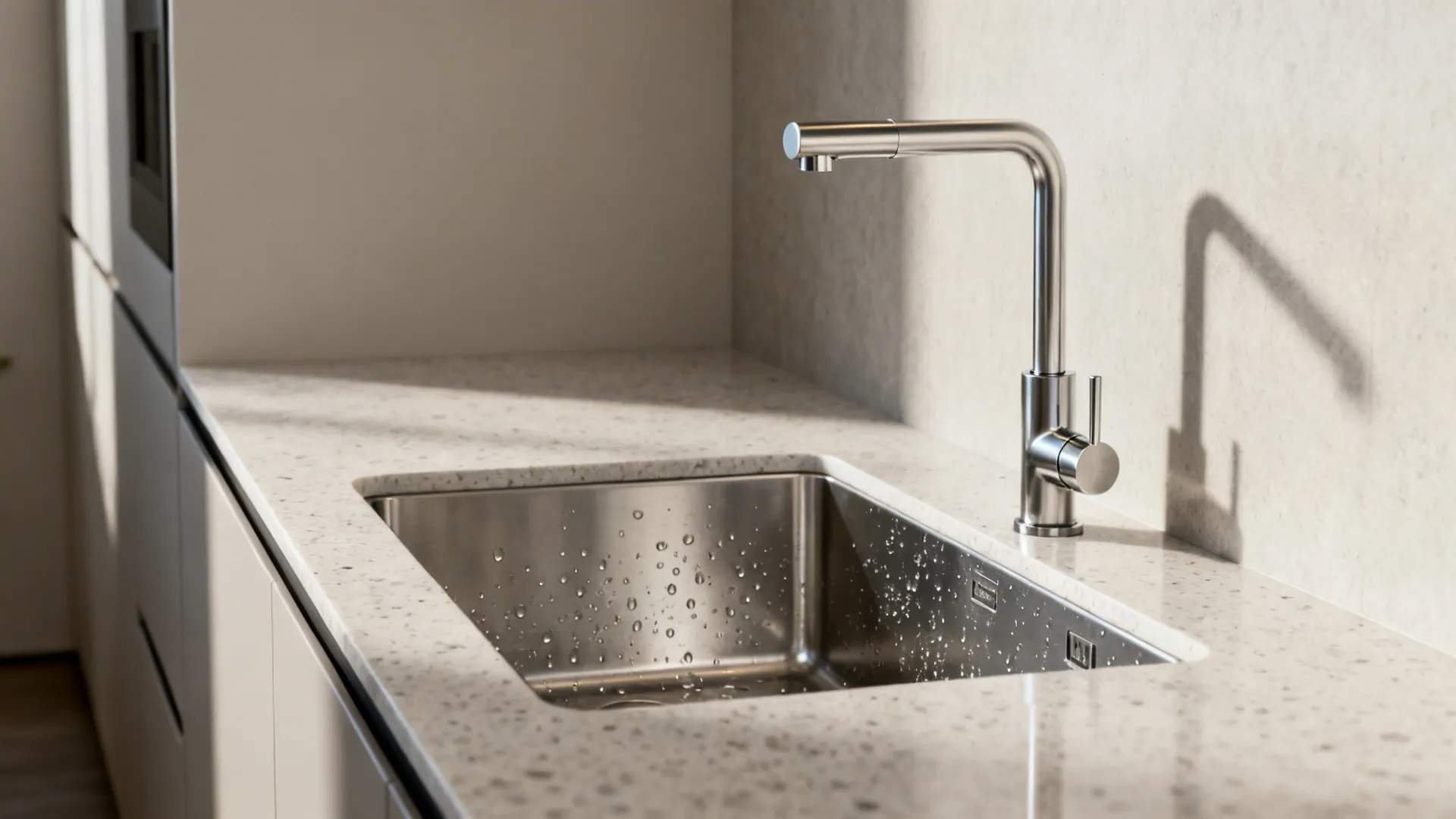 Close-up of a slimline stainless sink with compact pull-down faucet on a quartz counter