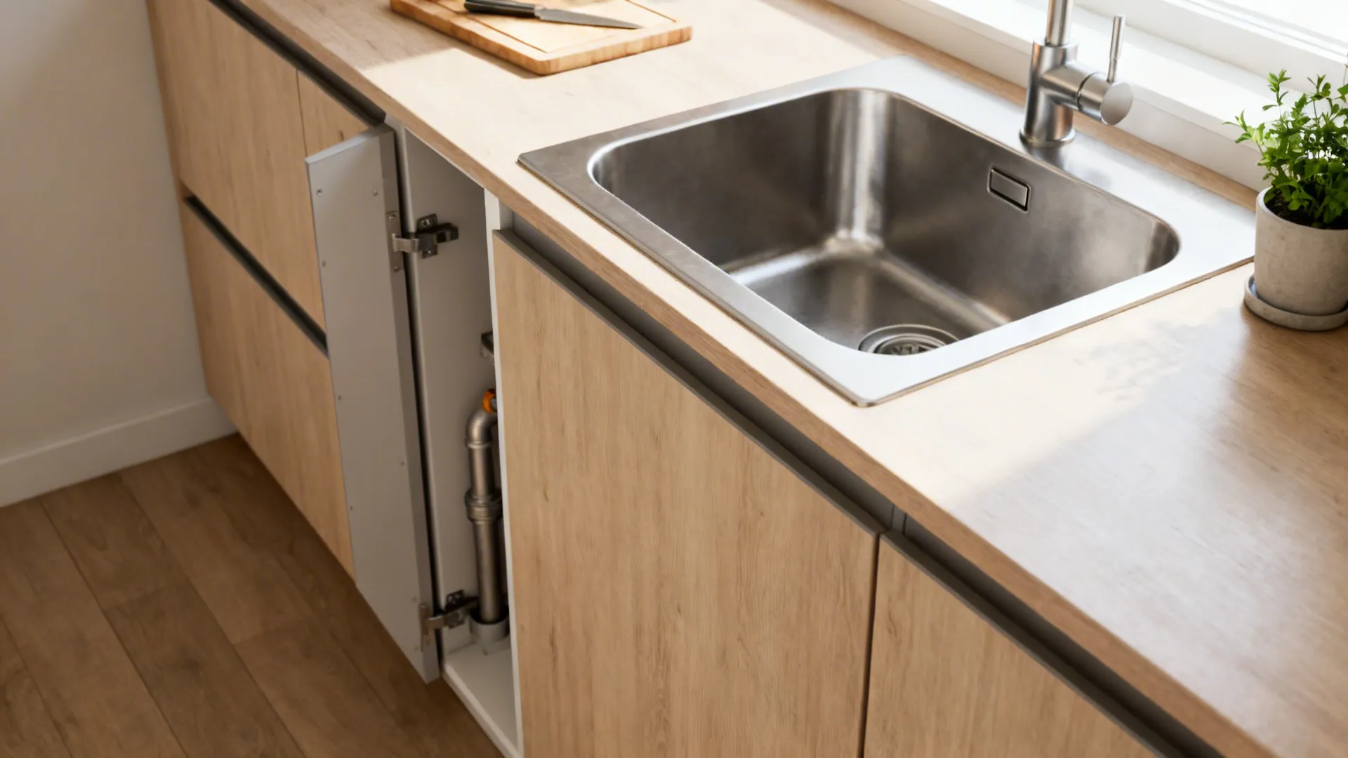 Shallow sink cabinet in a small modern kitchen providing extra counter space