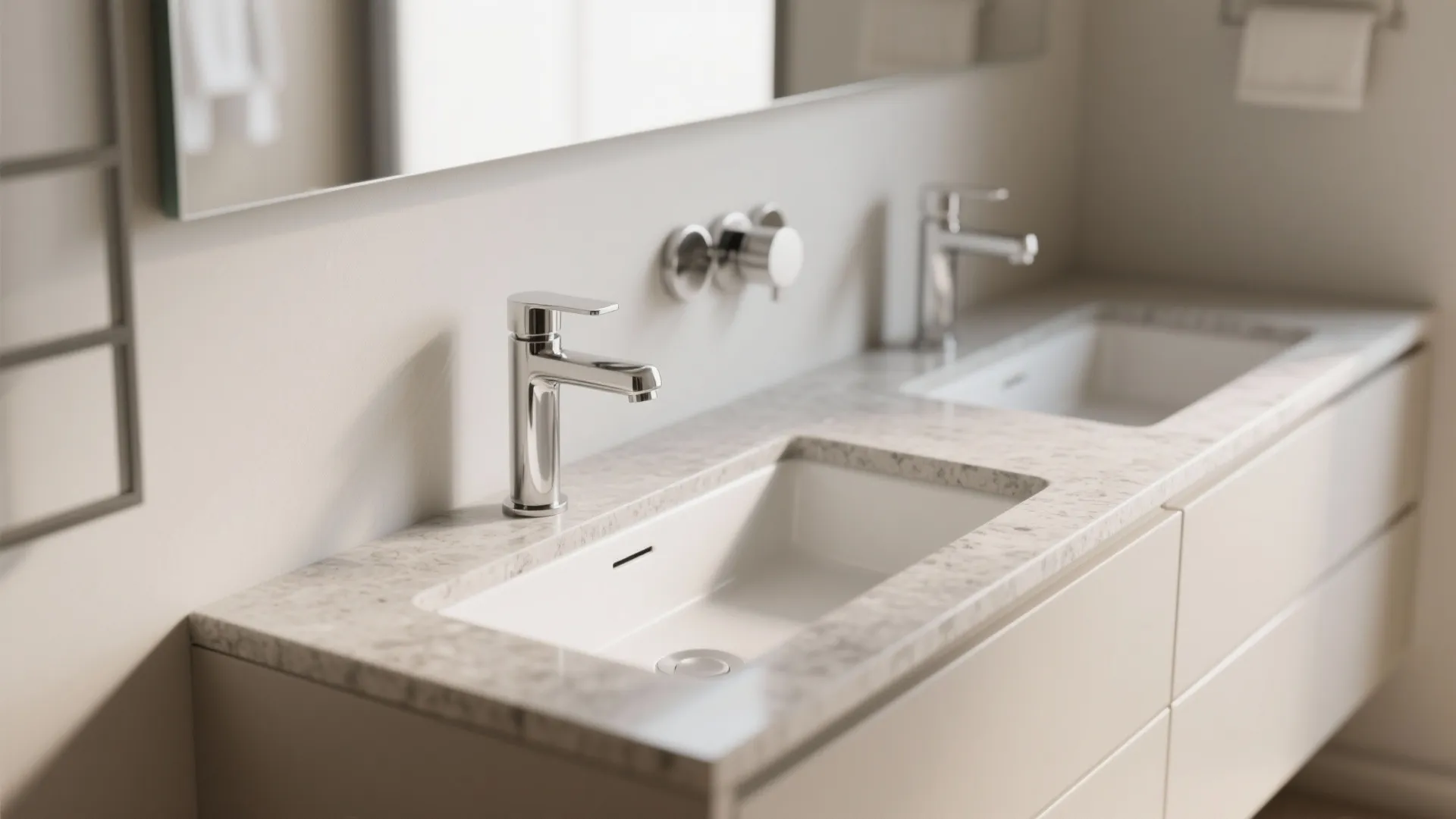 Slim rectangular sinks maximize counter space in a small vanity