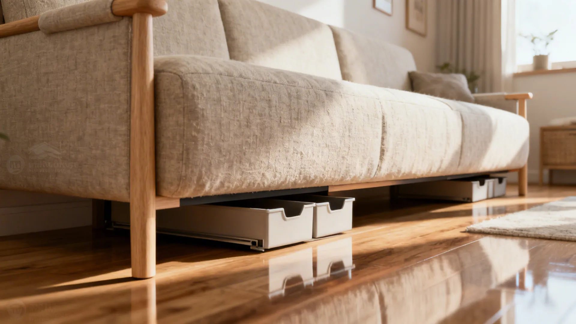 Close-up of a slimline sofa with removable legs and under-sofa storage in a small room