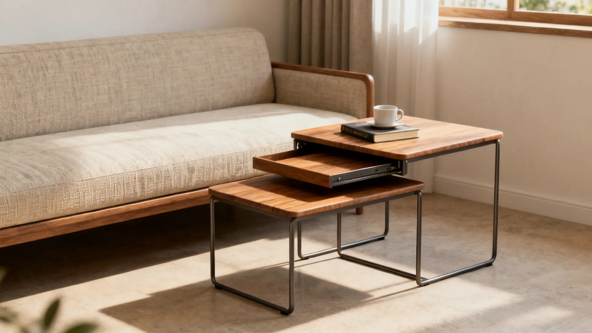 Slimline sofa with a set of wooden nesting tables in a compact living room.