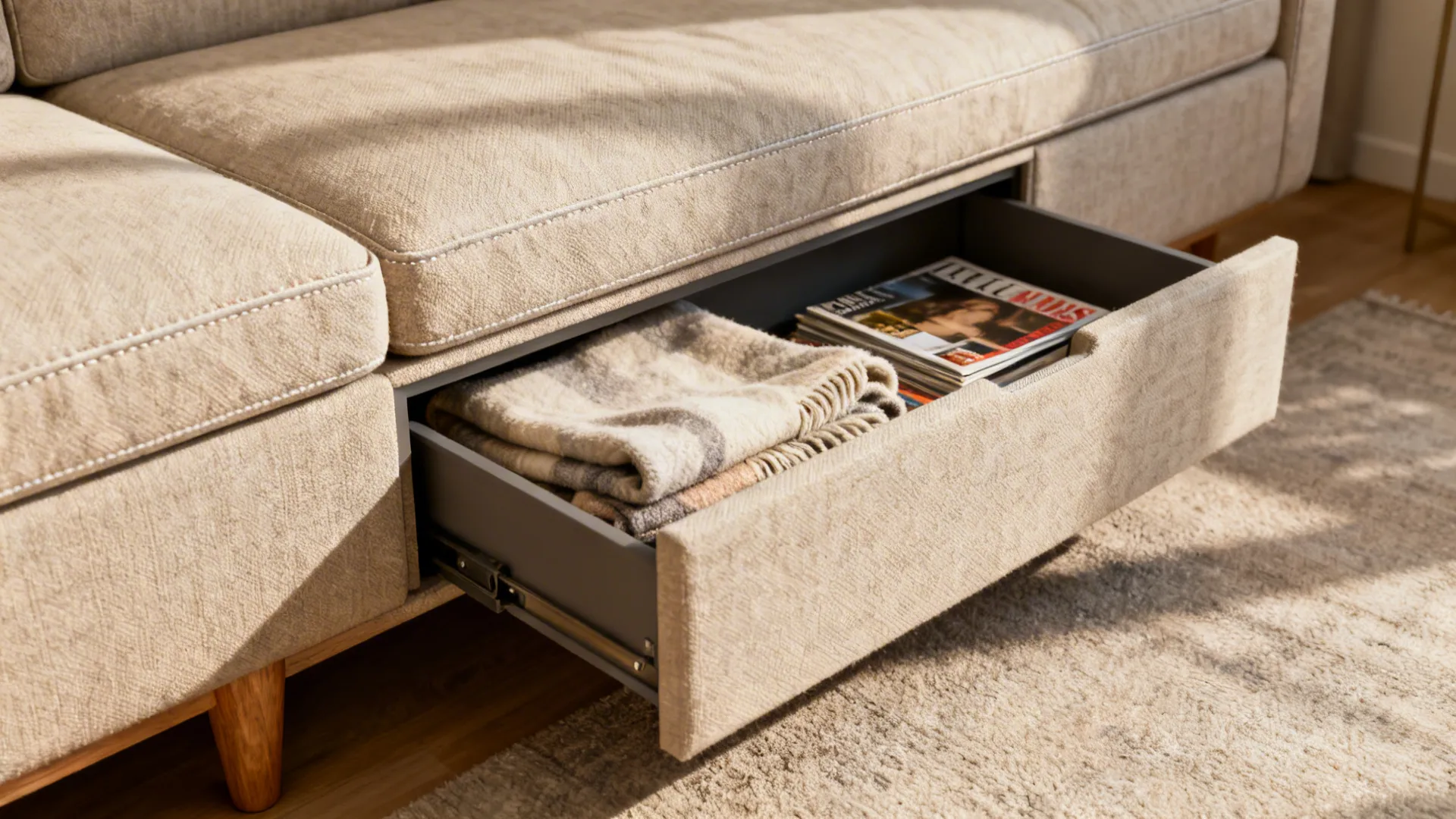 Slimline sofa with under-seat storage drawers open showing blankets and magazines