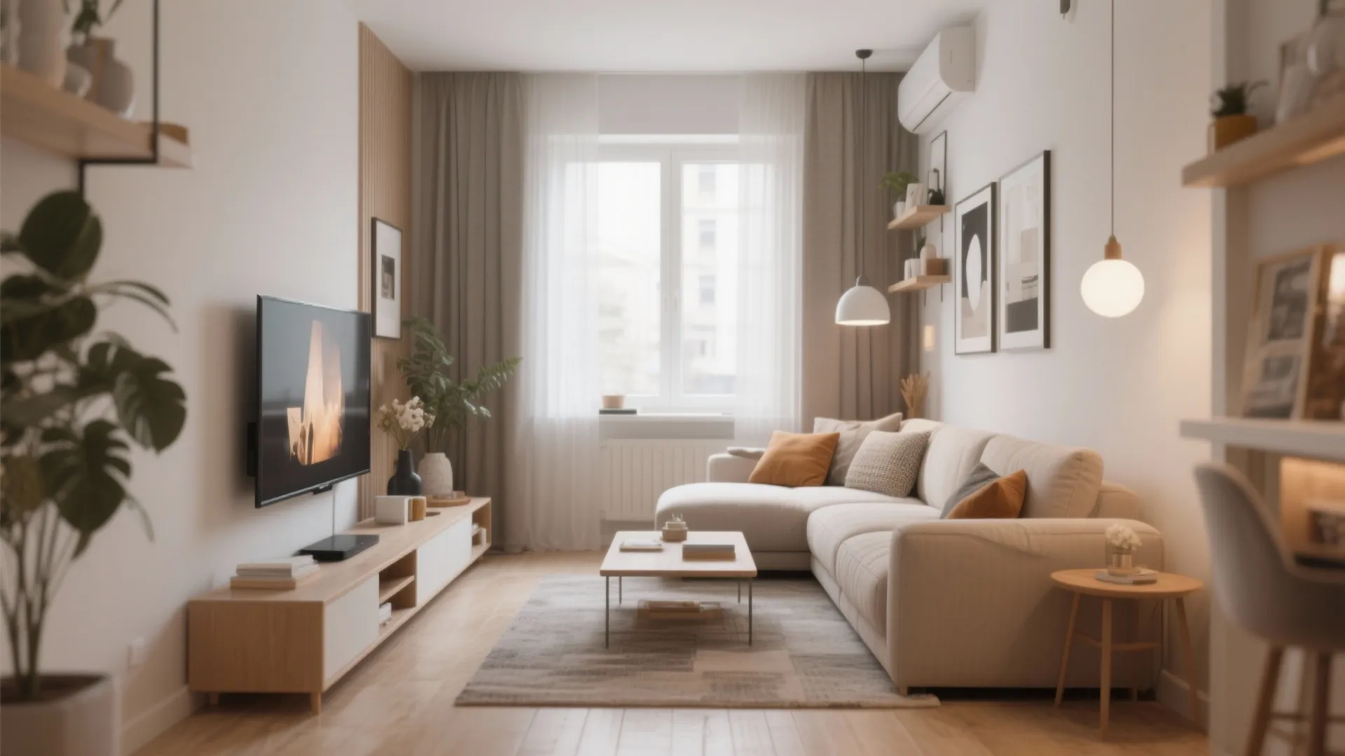 Compact L-shaped sofa facing TV in small living area