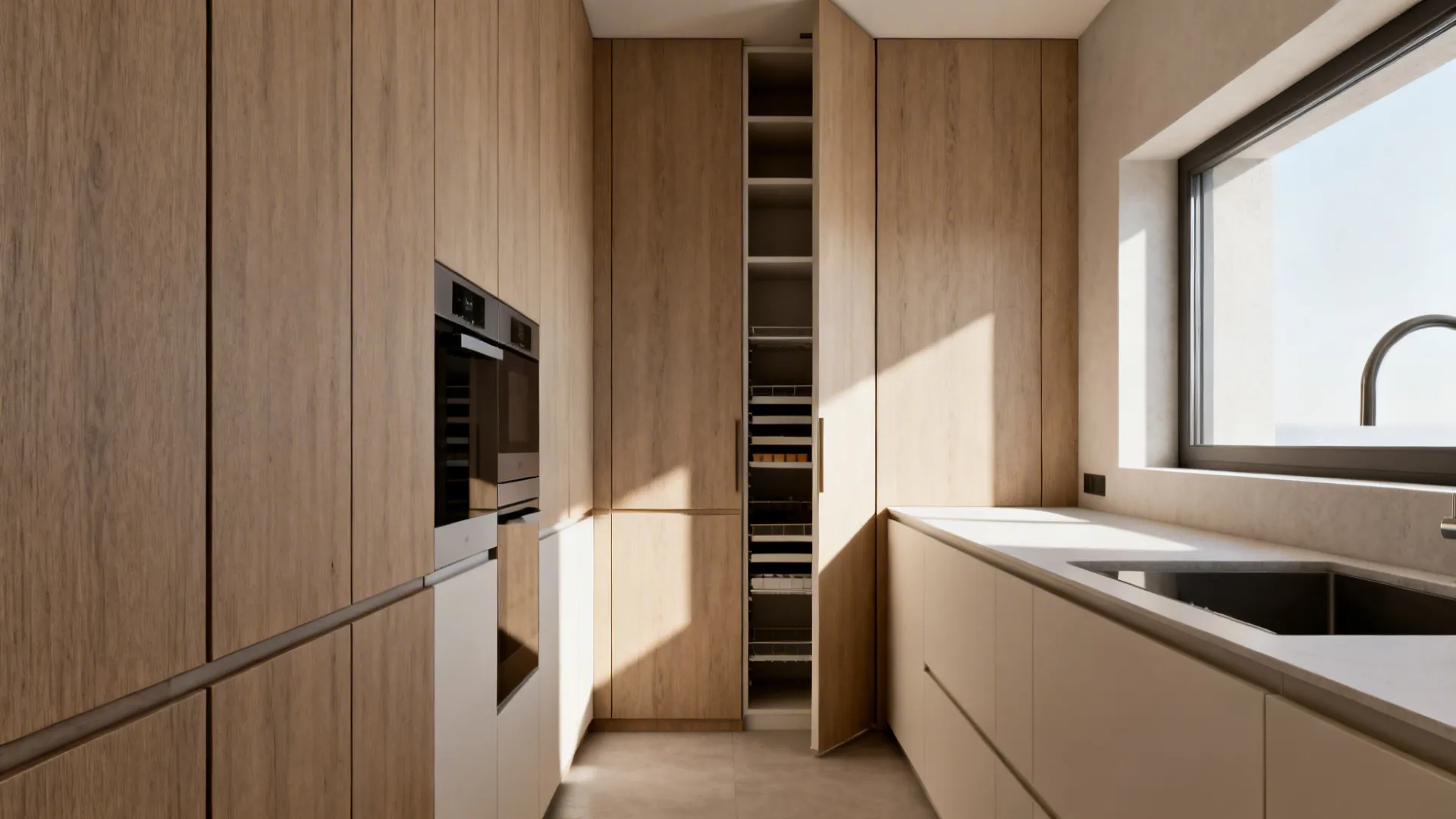Narrow kitchen run with slimline full-height cabinets and integrated pantry solutions