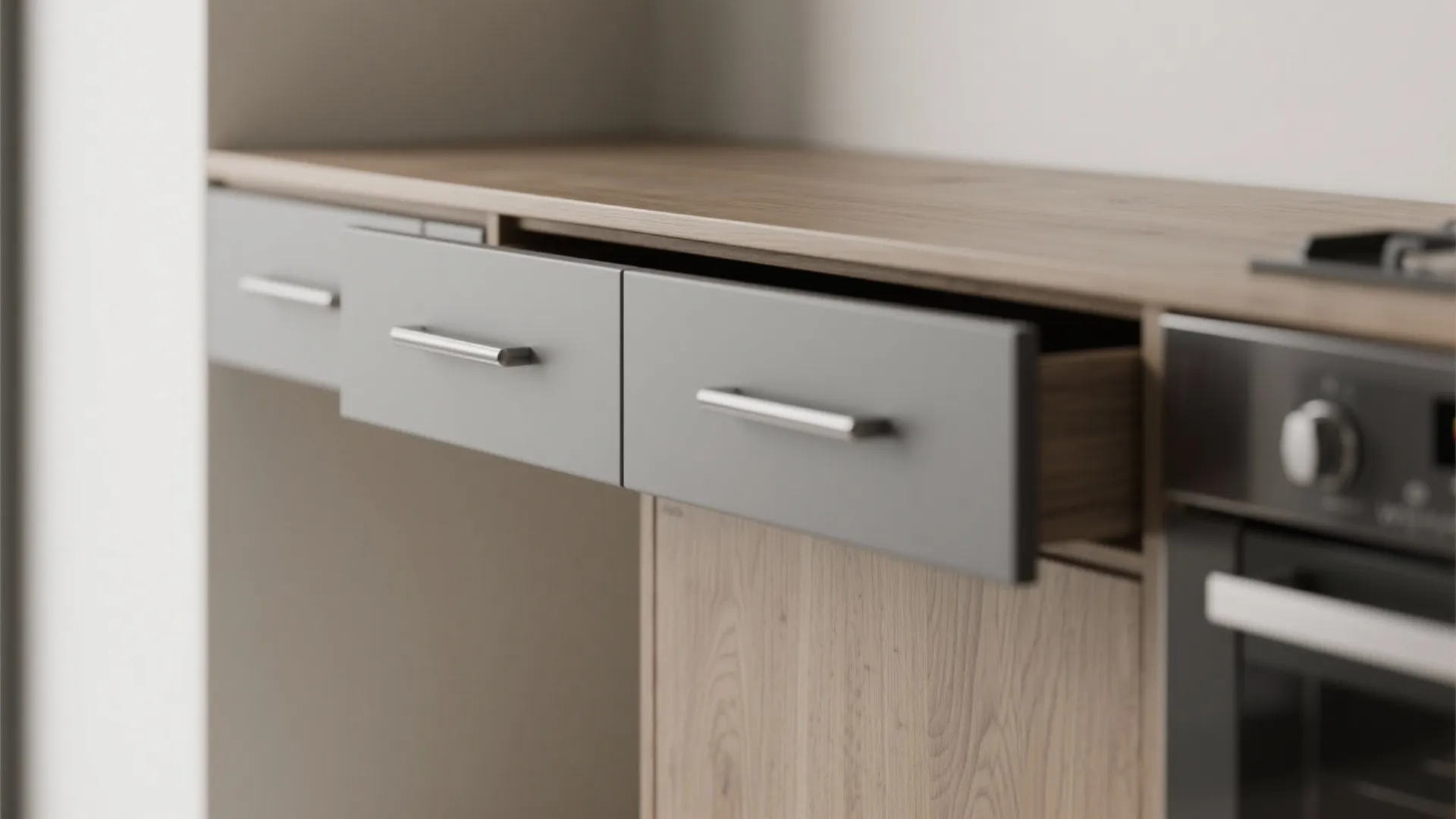 Close-up of storage drawers in slimline wall-attached island