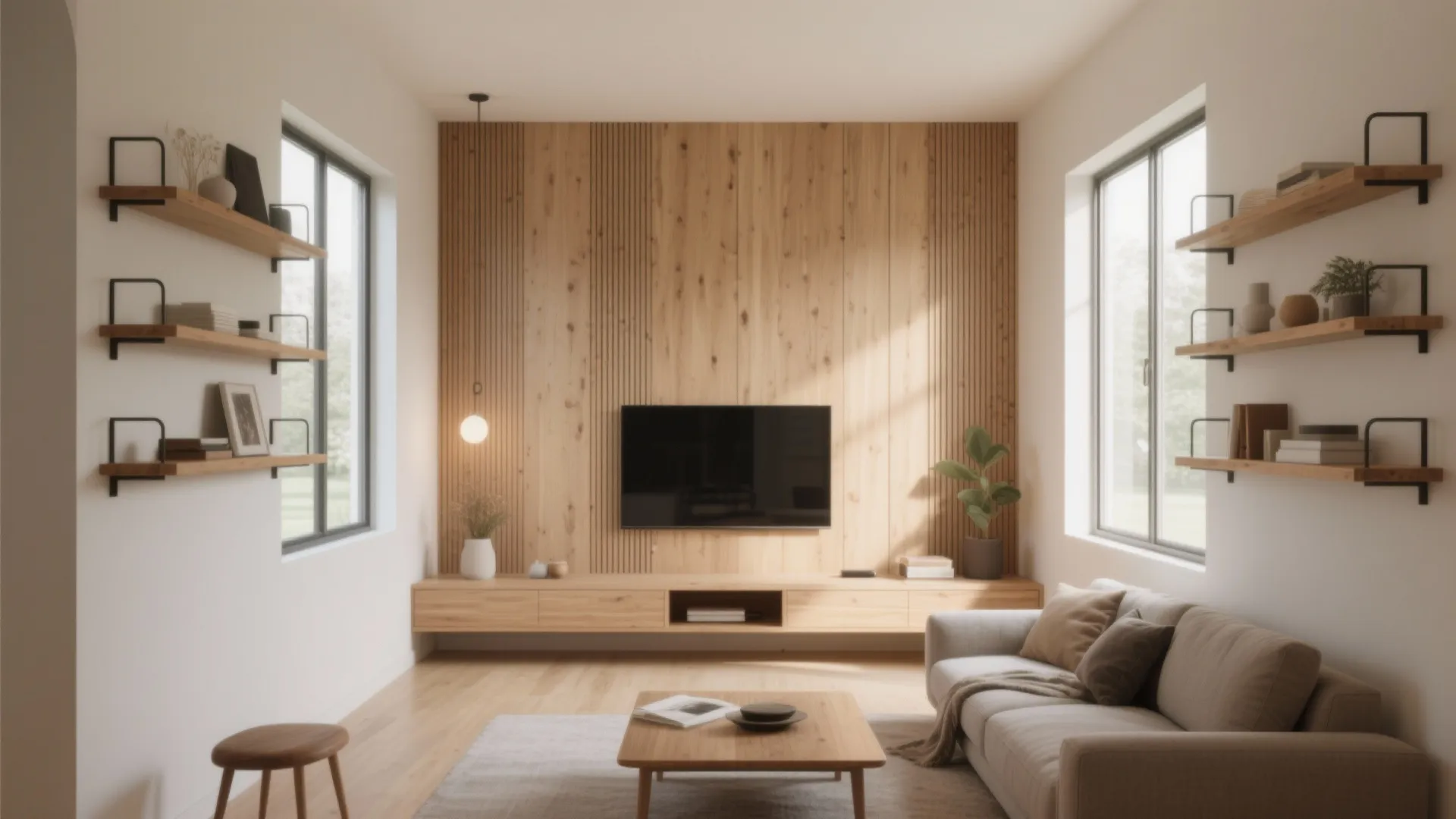 Minimalist living room with wood wall panel tv stand open wall shelves and grey sofa