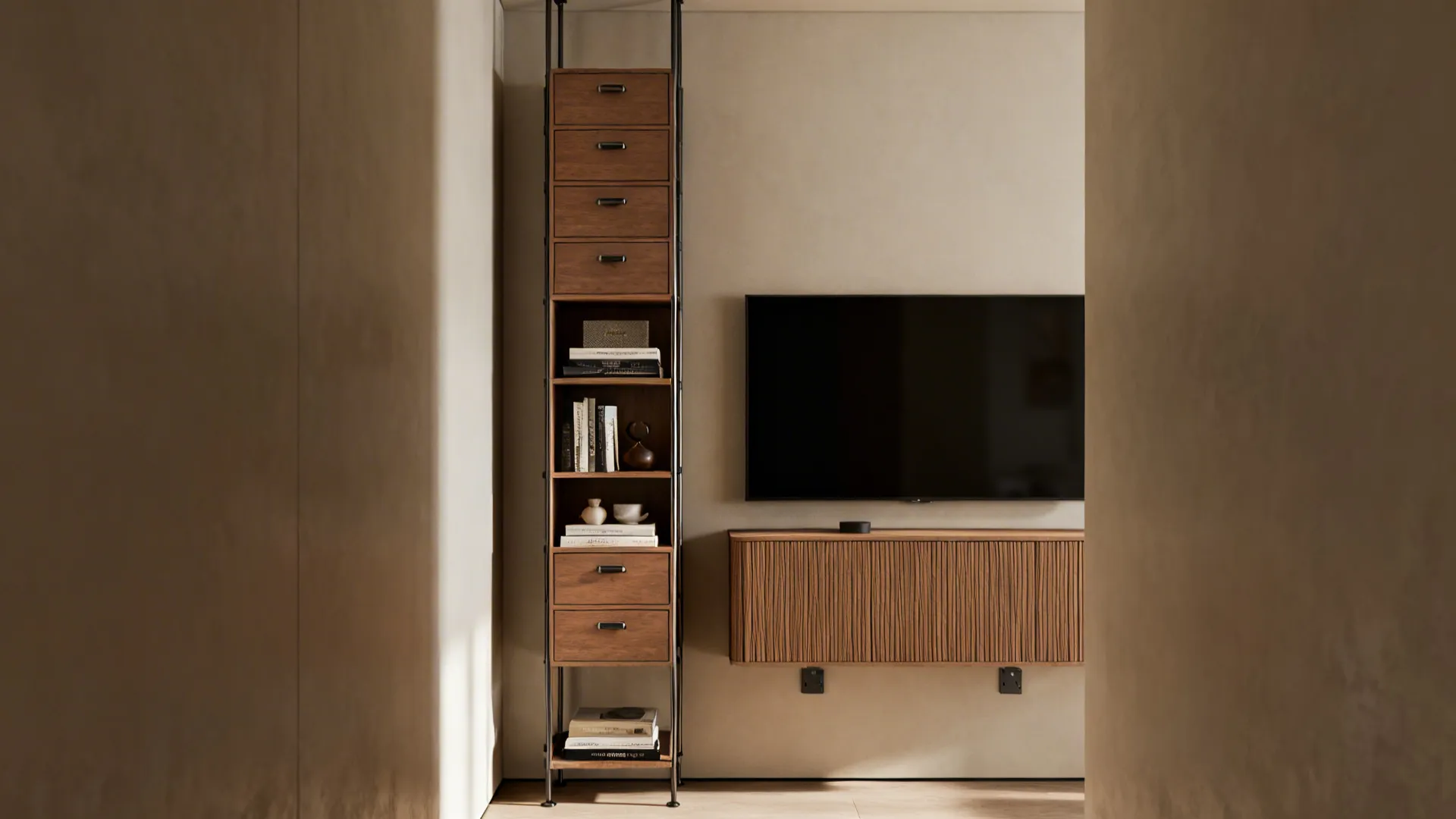 Tall slimline storage tower with mixed closed drawers and open shelves fitting a narrow alcove.