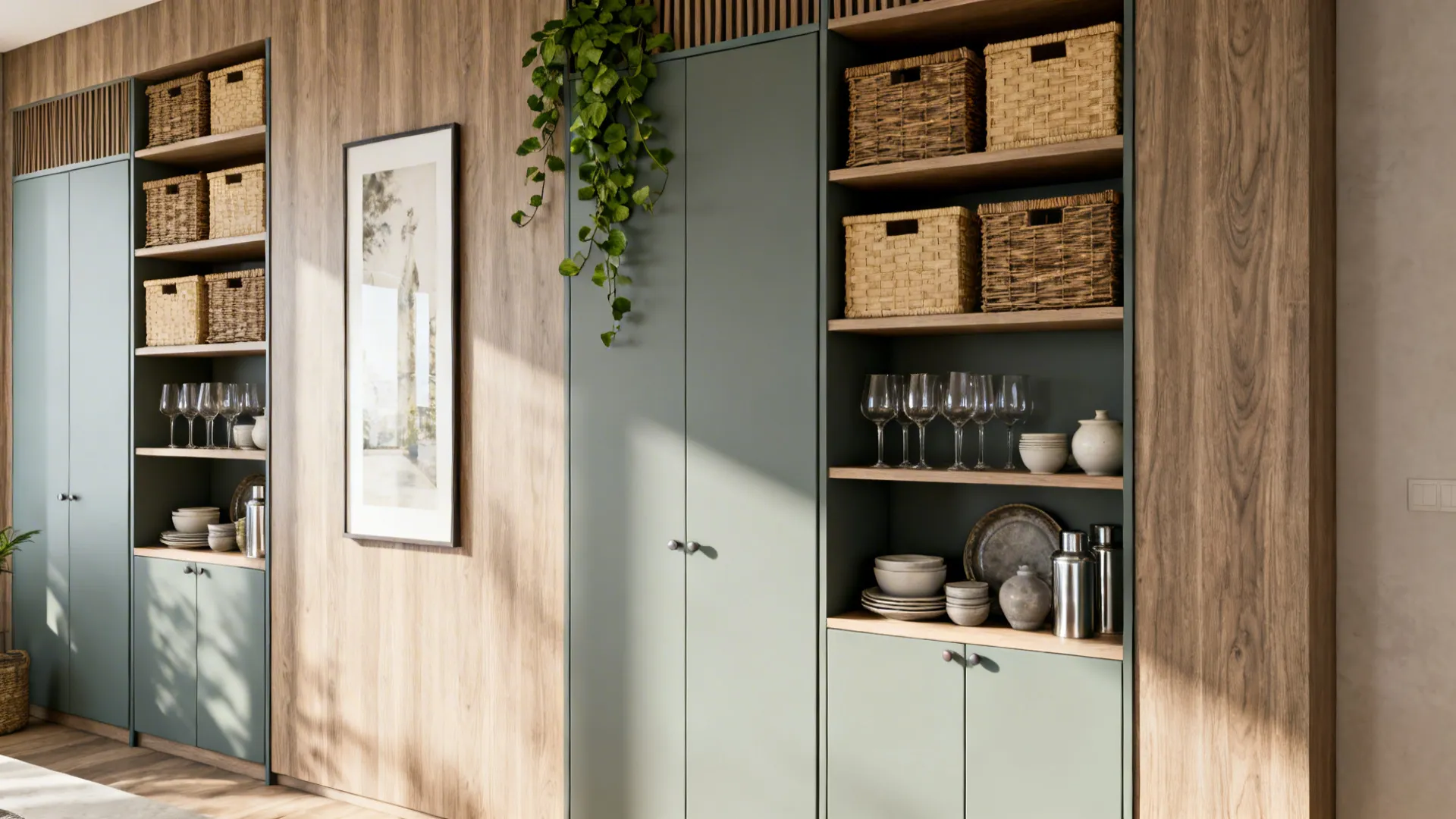 Slim tall storage with vertical art and wall plants in an L-shaped living-dining area