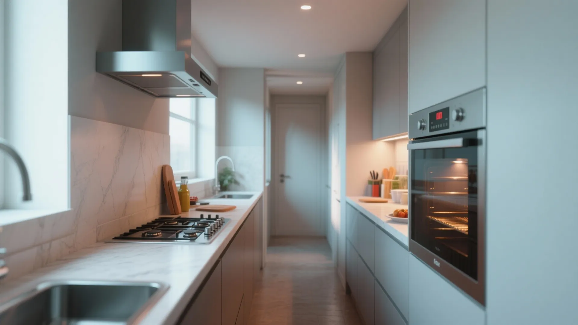 2. Slimline stoves and range hoods for narrow galley layouts