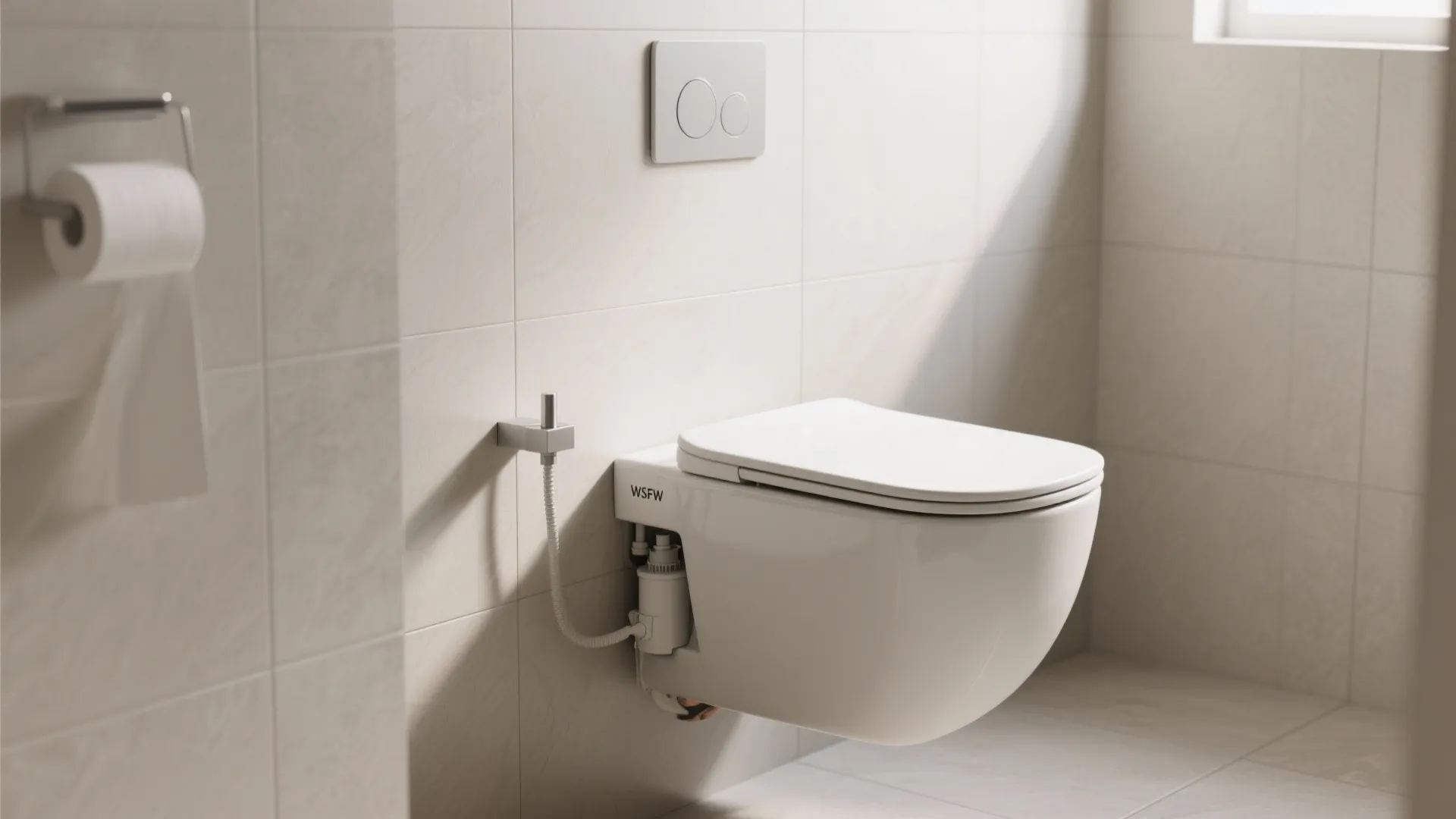 Wall-hung toilet with concealed cistern in small bathroom