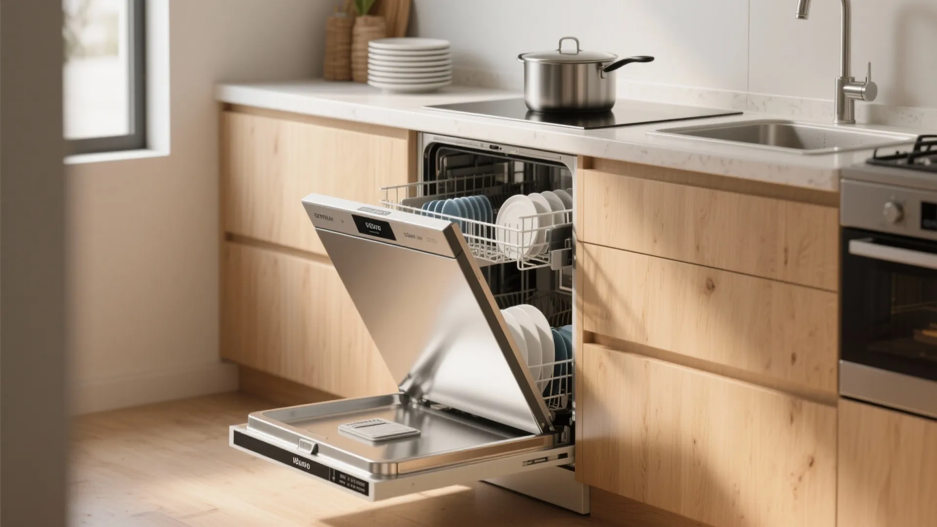 Modern kitchen with built-in dishwasher open showing clean white plates and wooden cabinets with sink