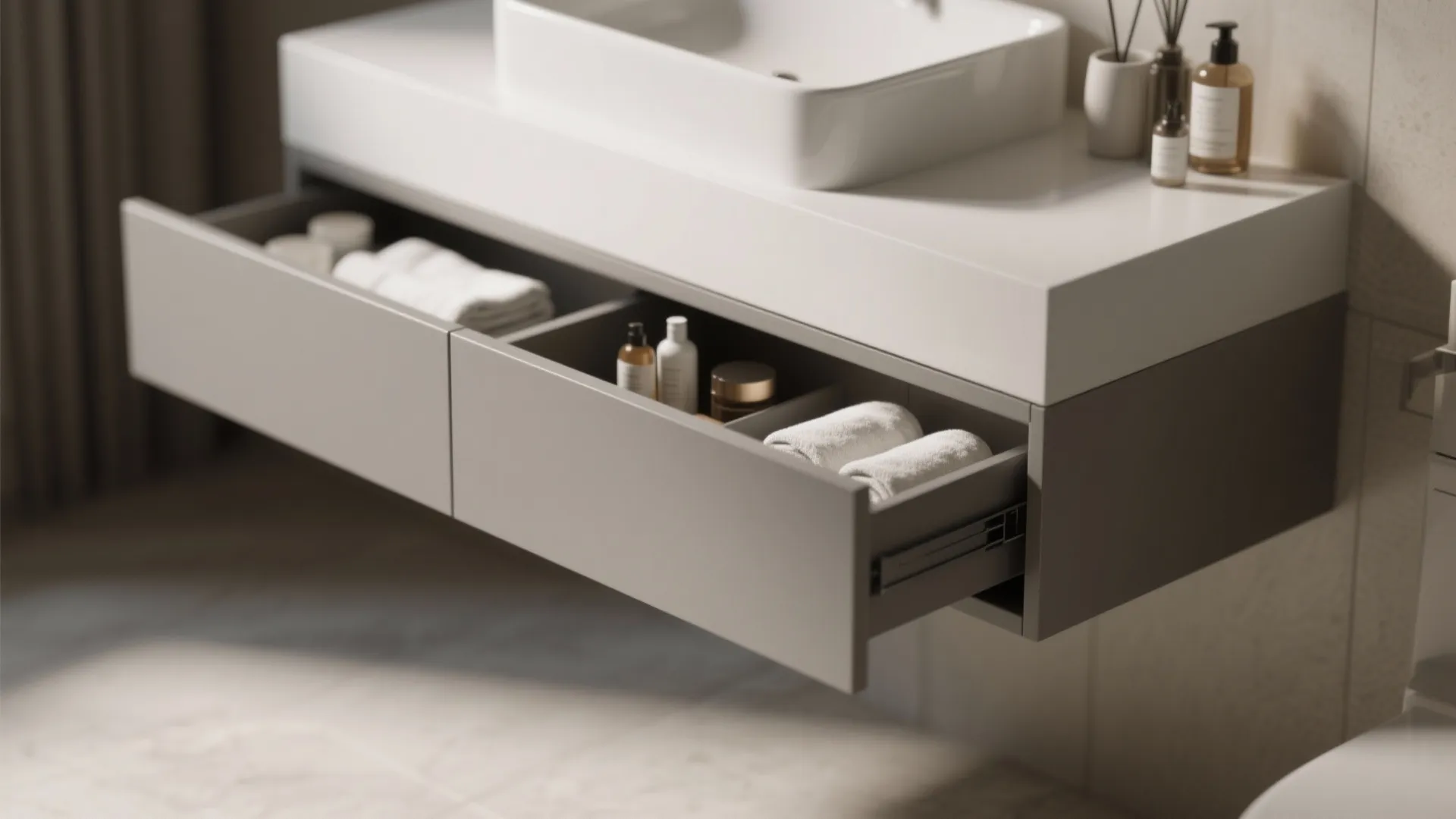 Slimline vanity with hidden storage in a small bathroom