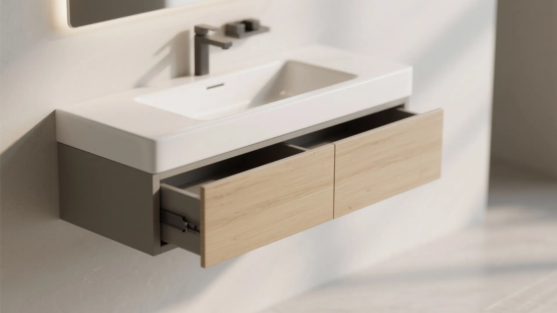 Modern wall mounted bathroom cabinet with white sink wooden drawer black tap and square mirror