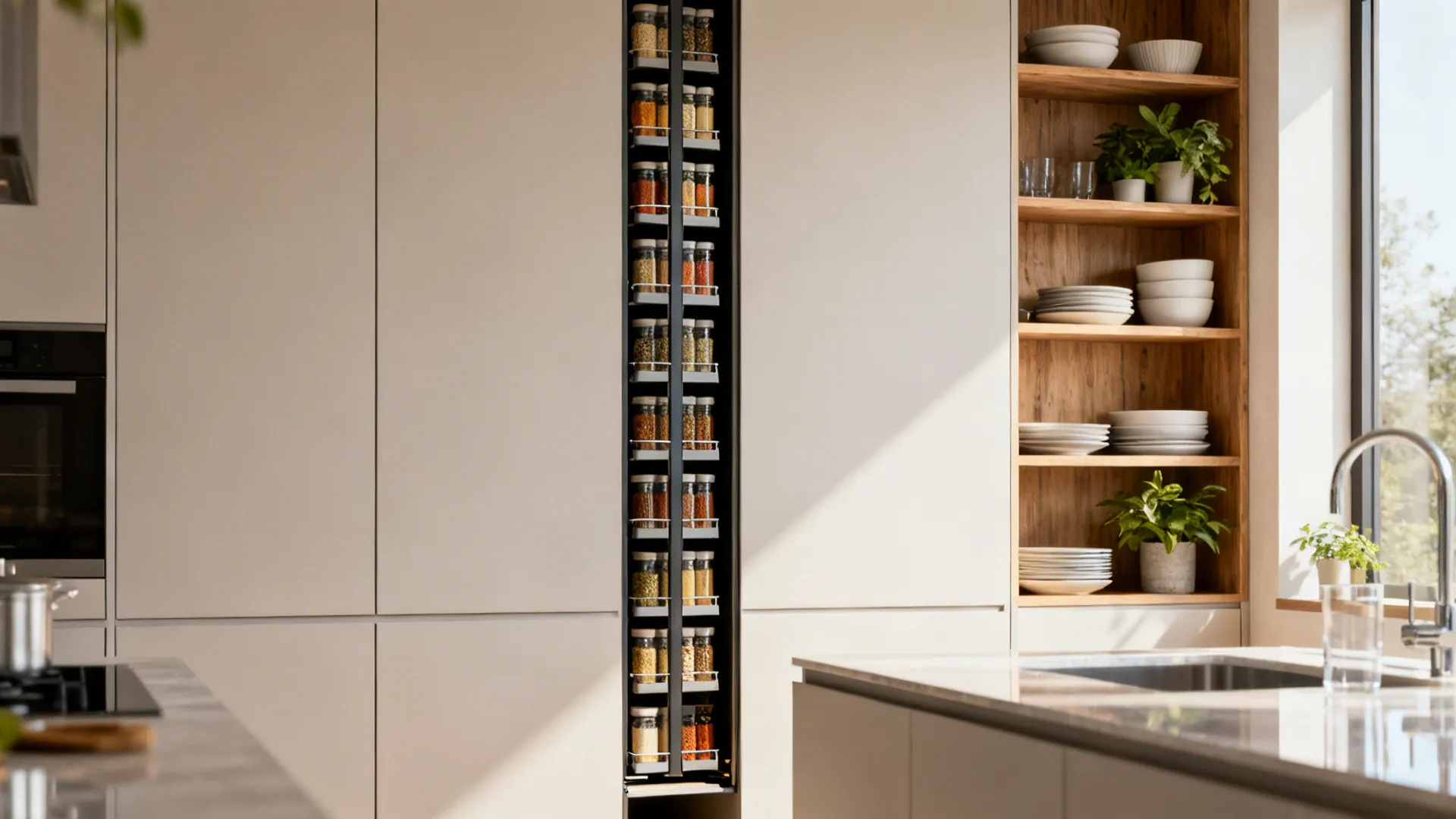 Narrow vertical pull-out cabinets and open shelving in a small kitchen