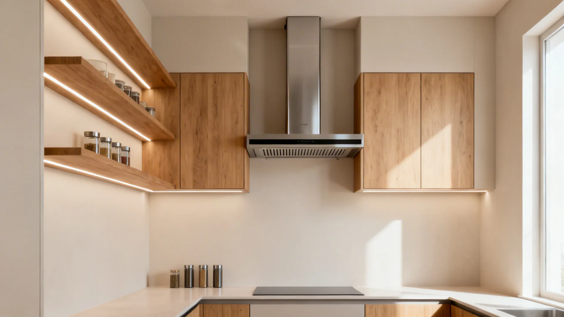 Modern kitchen with wood cabinets open shelves with lights steel hood and bright side window