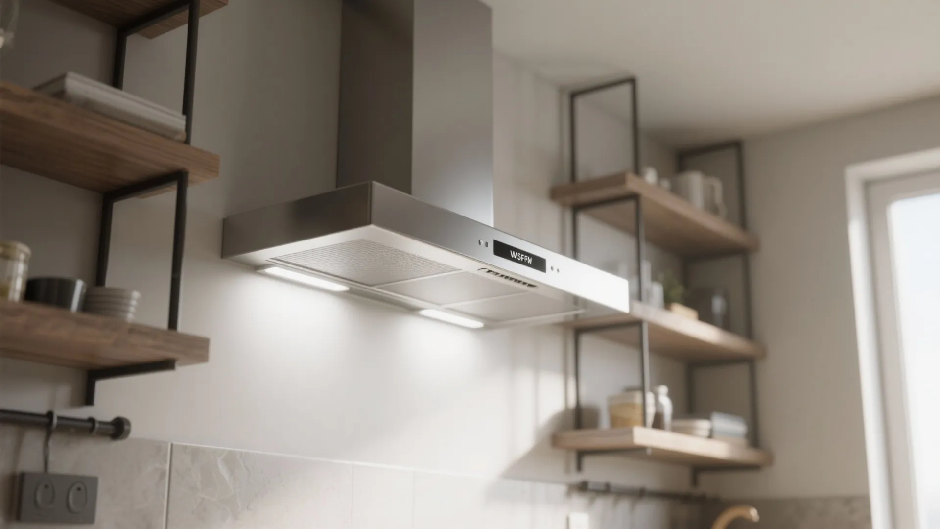 Slimline wall-mount range hood in a small apartment kitchen