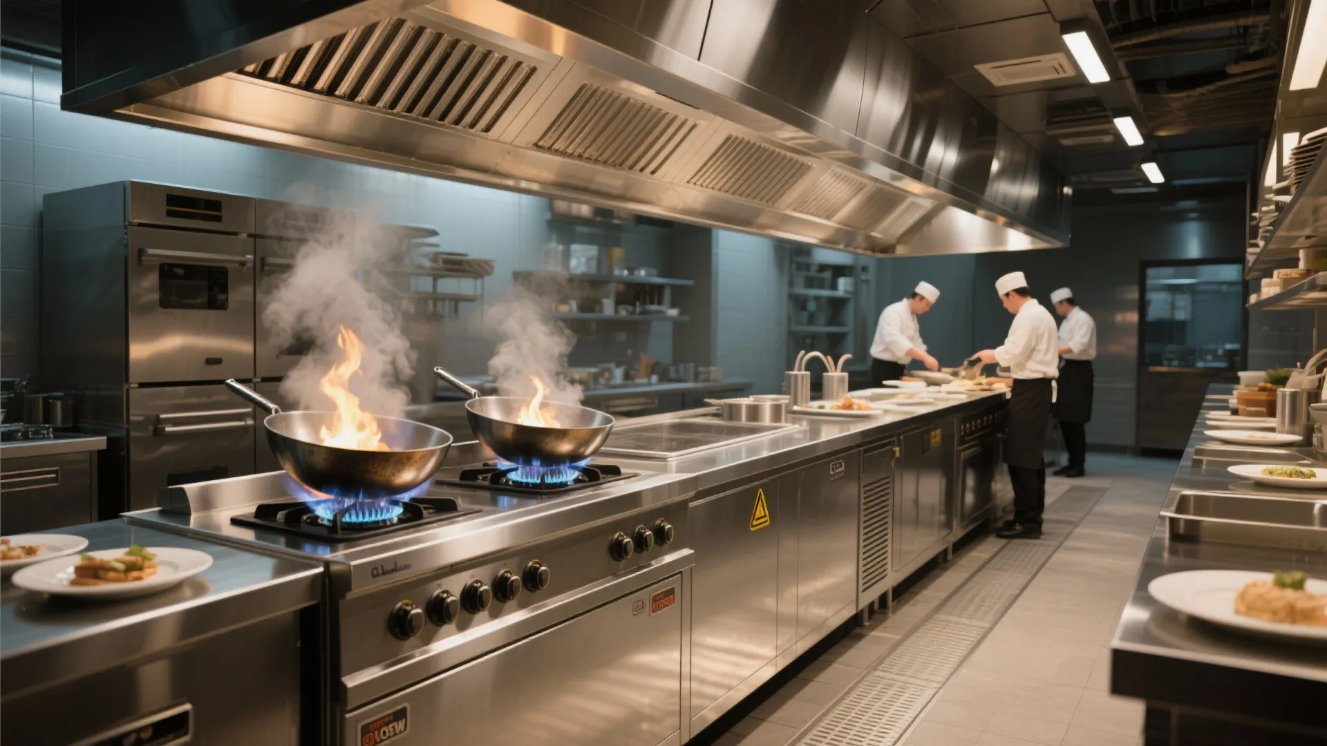 Slimline linear hotline with two high-BTU burners and one simmer burner under a commercial hood.