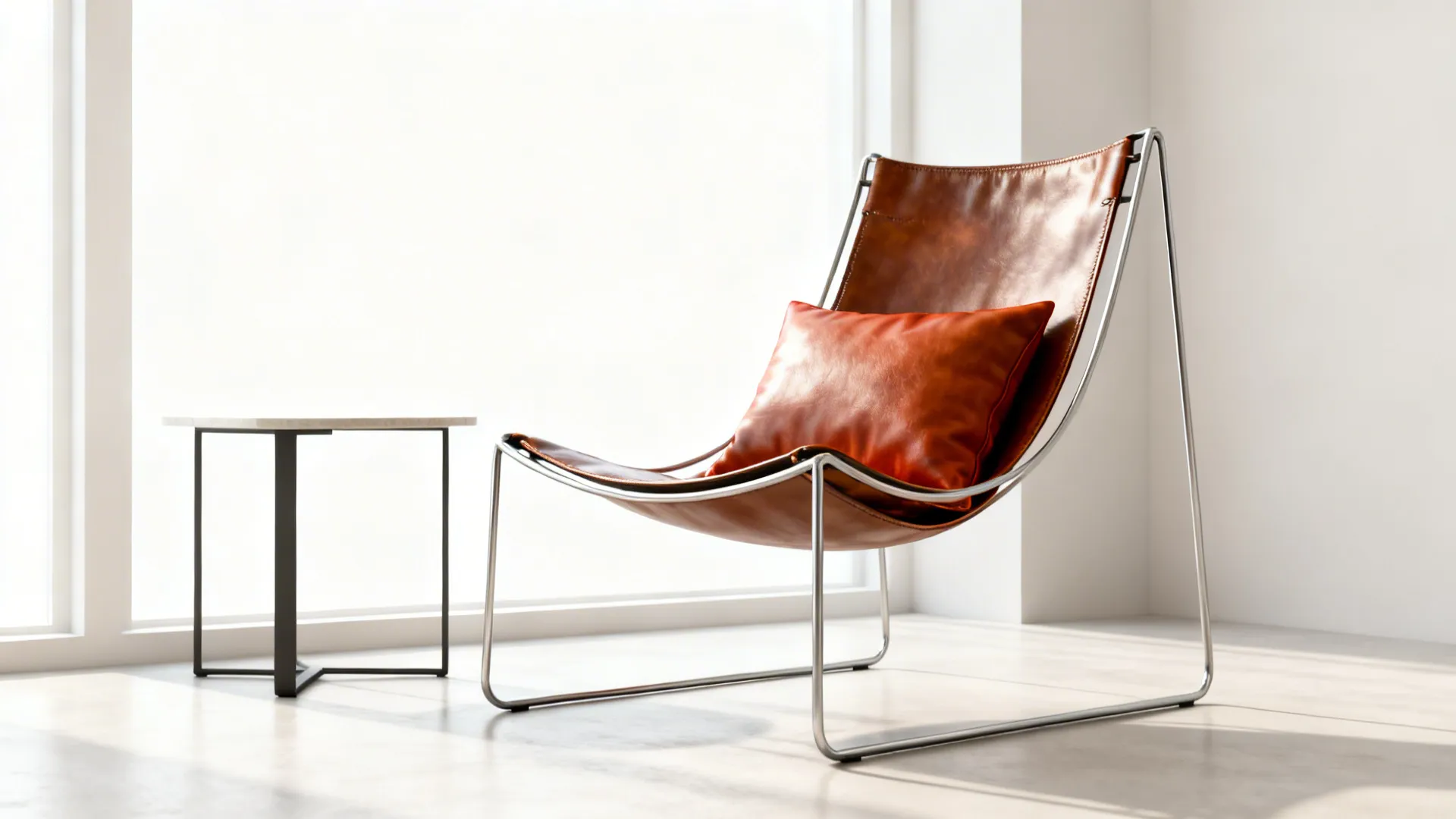 Leather sling-style accent chair with thin metal frame in a minimalist small apartment.