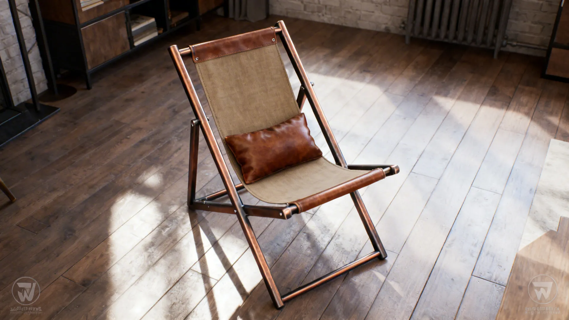 Folding metal chair with fabric seat and brown leather pillow on a dark wooden floor