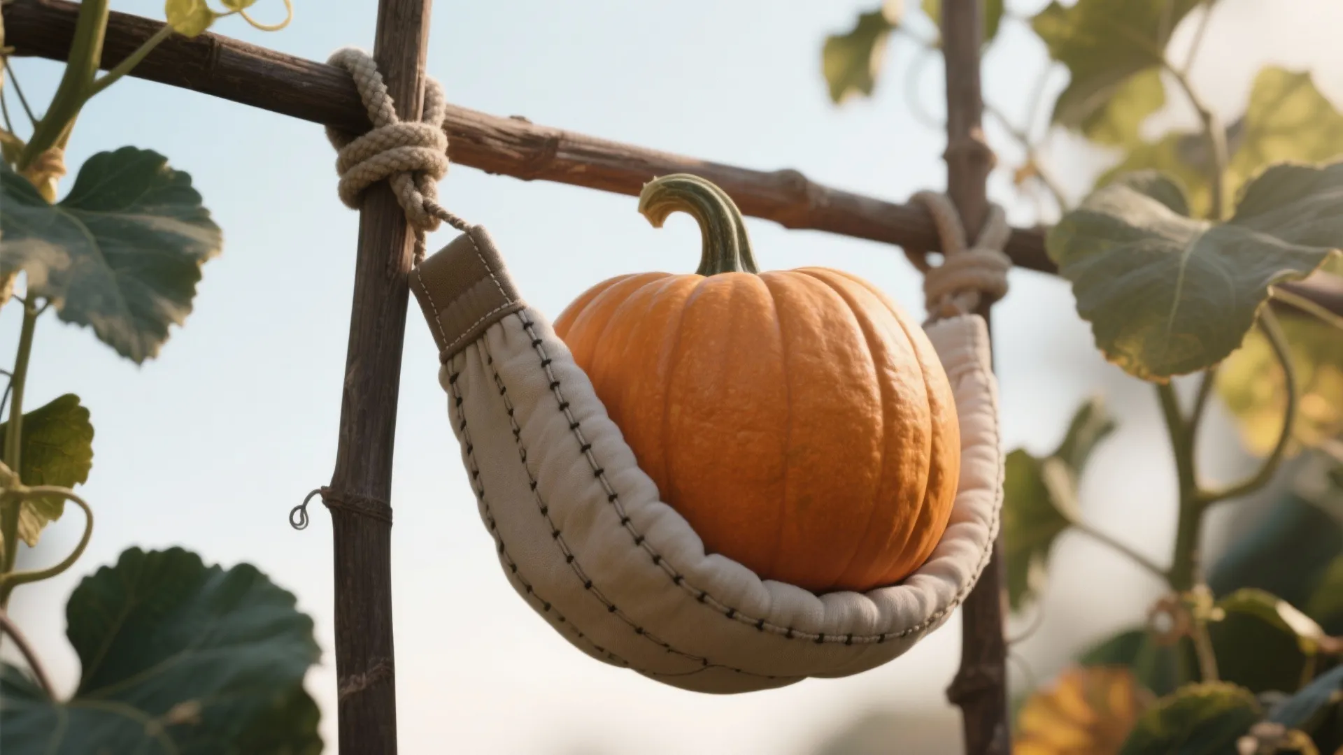Close up of an orange pumpkin supported by a fabric sling hanging from a wooden frame