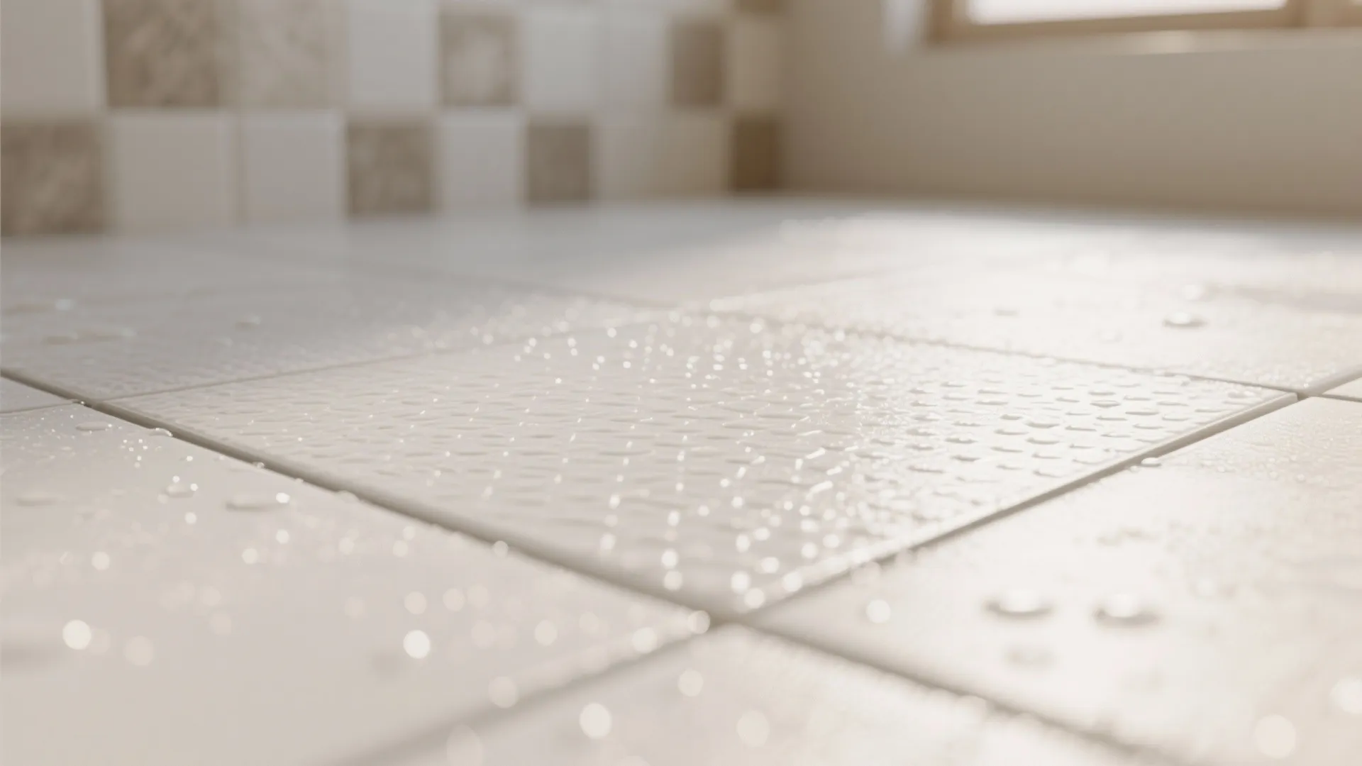 Close up view of white textured floor tiles covered with many small clear water droplets