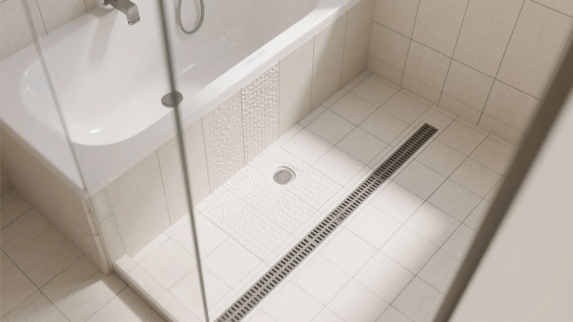 Slip-resistant flooring and linear drain alignment