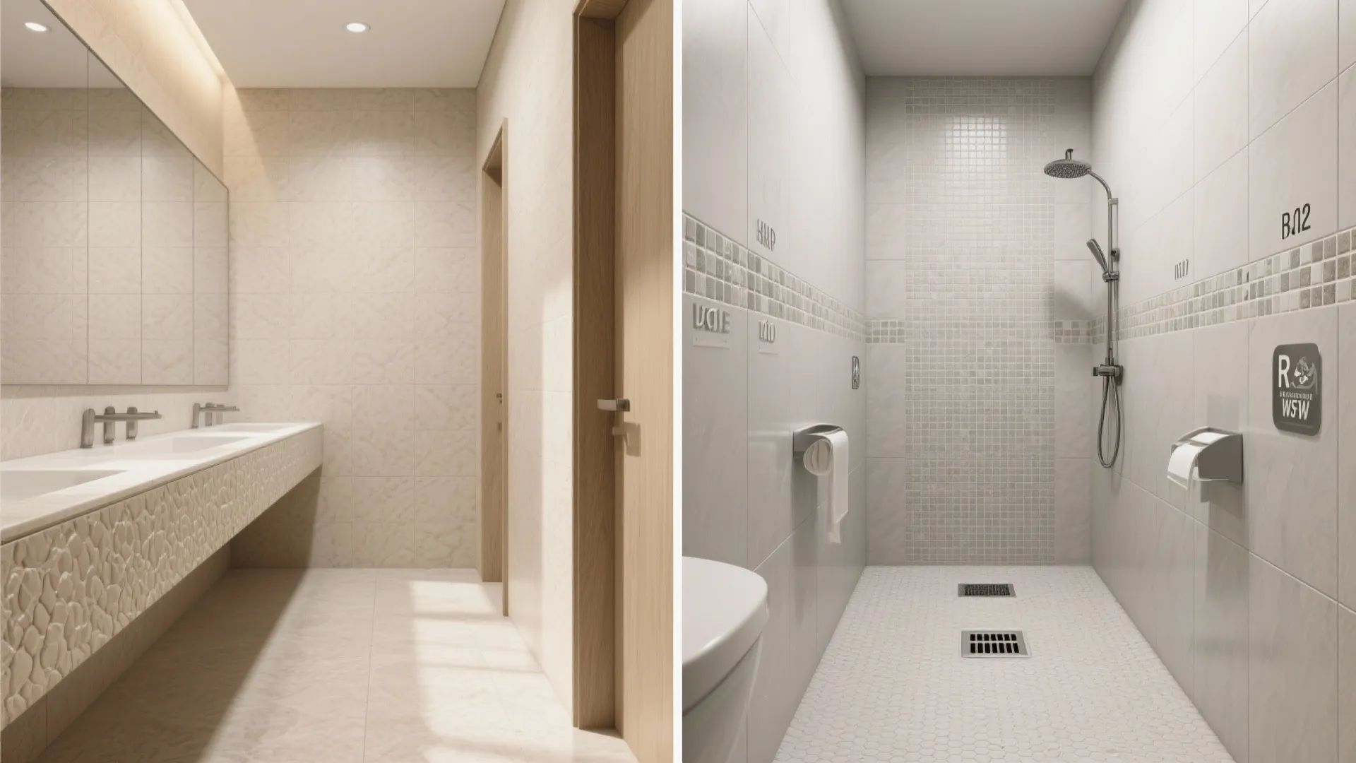 Comparison showing a bright bathroom with double sinks and a narrow shower area with tiles