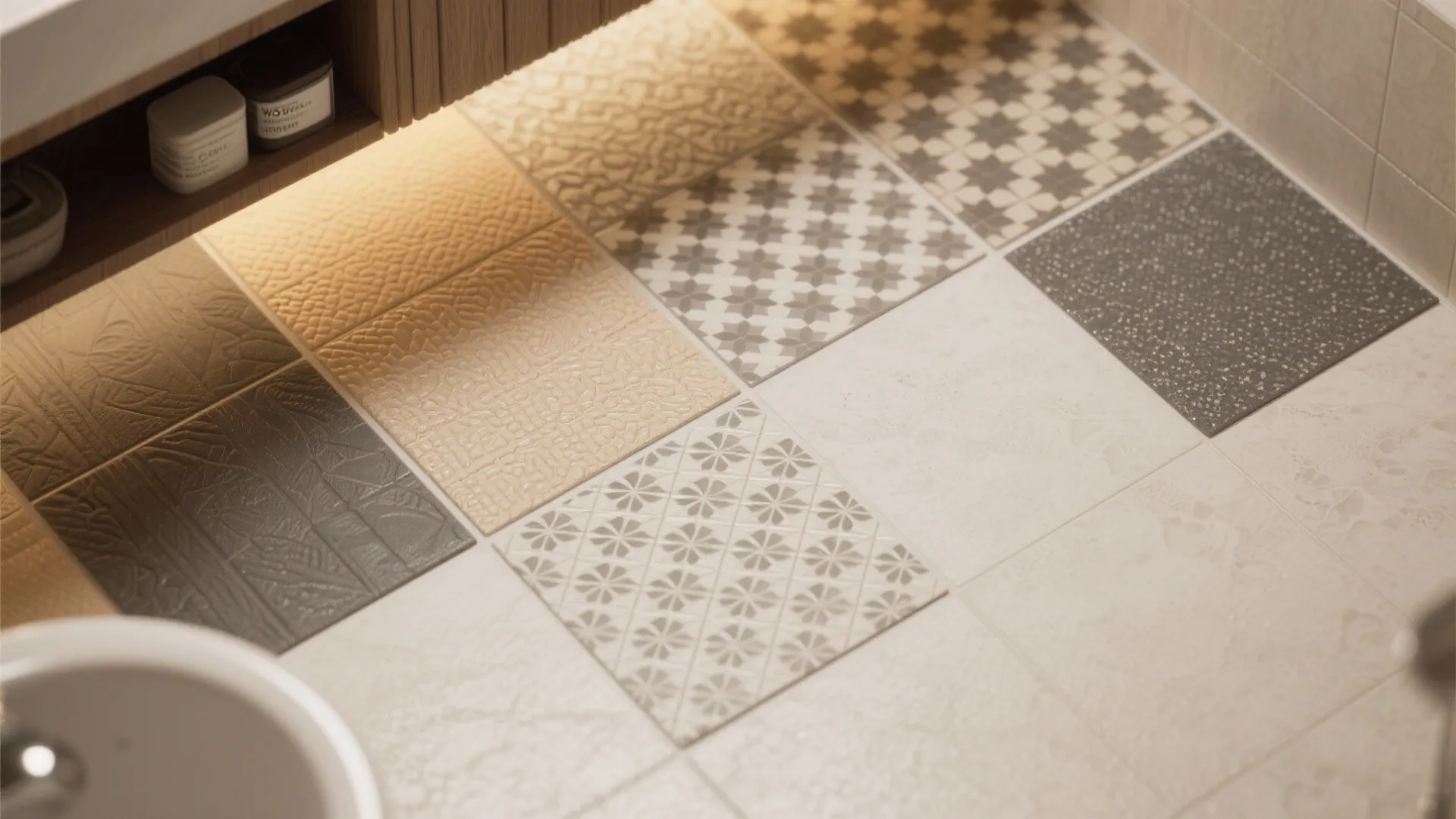 Assorted bathroom floor tiles with different patterns and textures shown under warm yellow shelf lighting