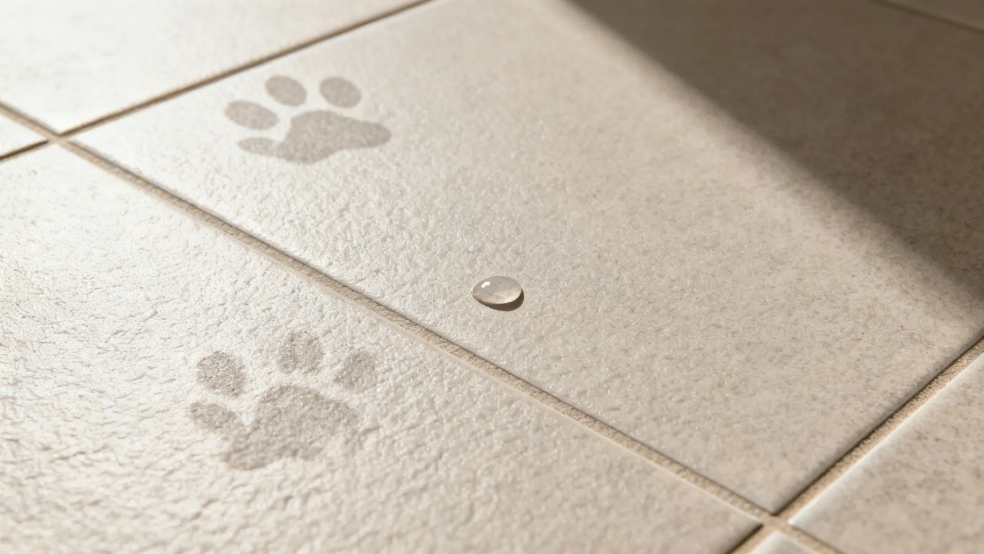 Macro of warm greige slip-resistant porcelain showing subtle texture and matched grout.