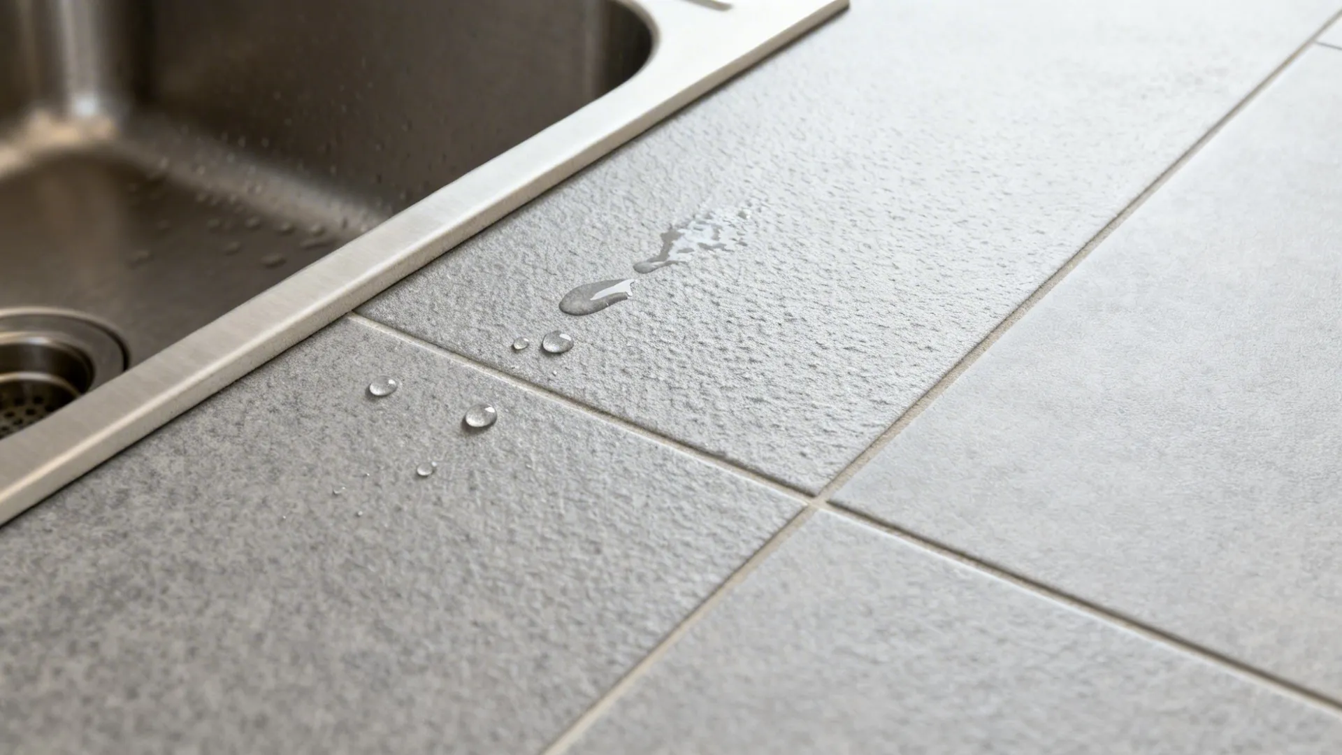Macro view of matte slip-resistant gray kitchen tile with micro-texture and water droplets.