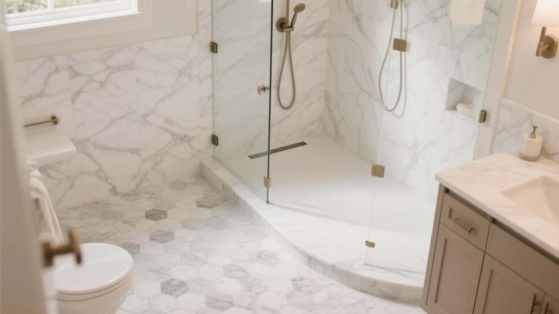 3) Slip-resistant marble mosaics on the floor, larger tiles on walls